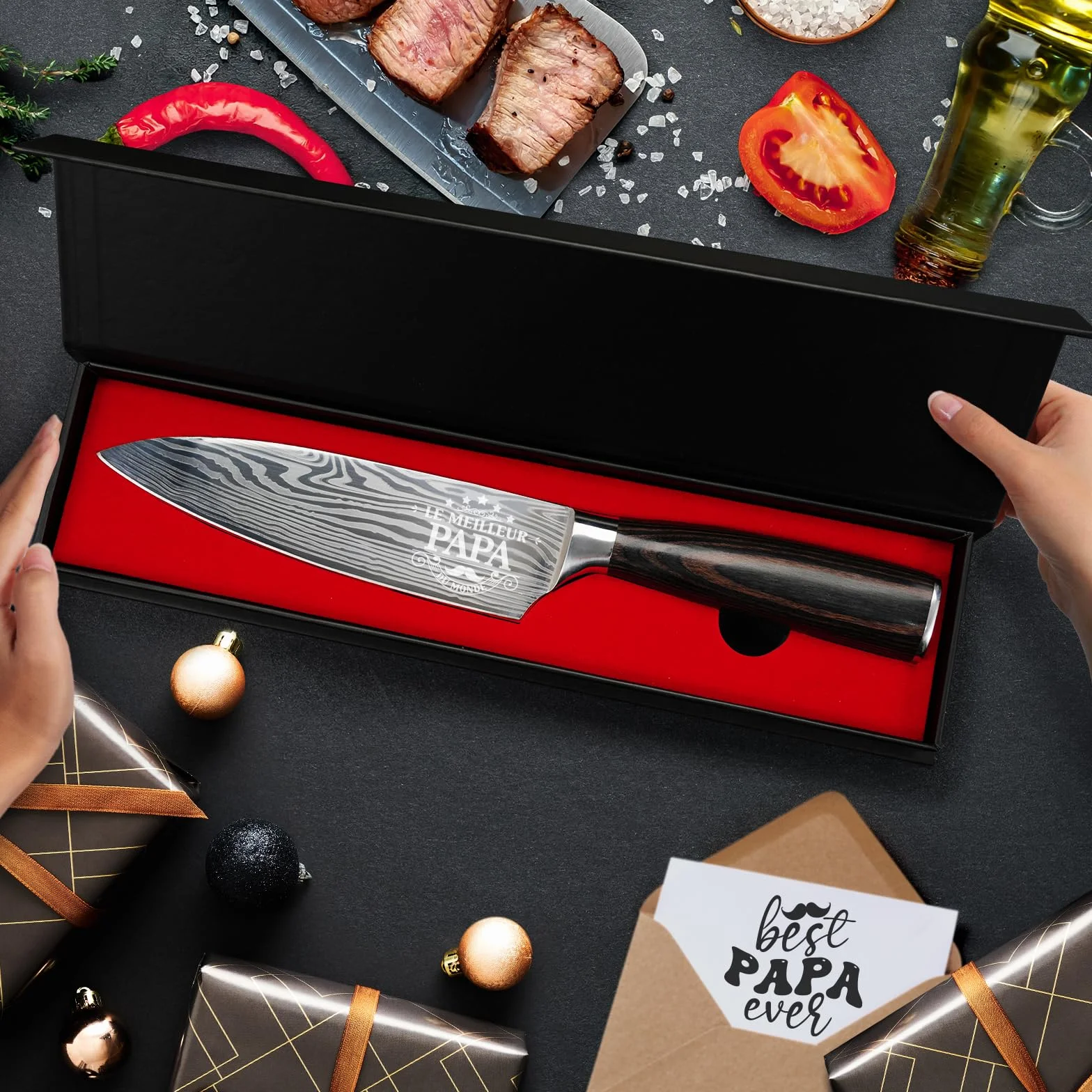 INOMO Couteau Chef Personnalisé Fête des Pères, Couteau de Cuisine Inoxydable Manche Ergonomique