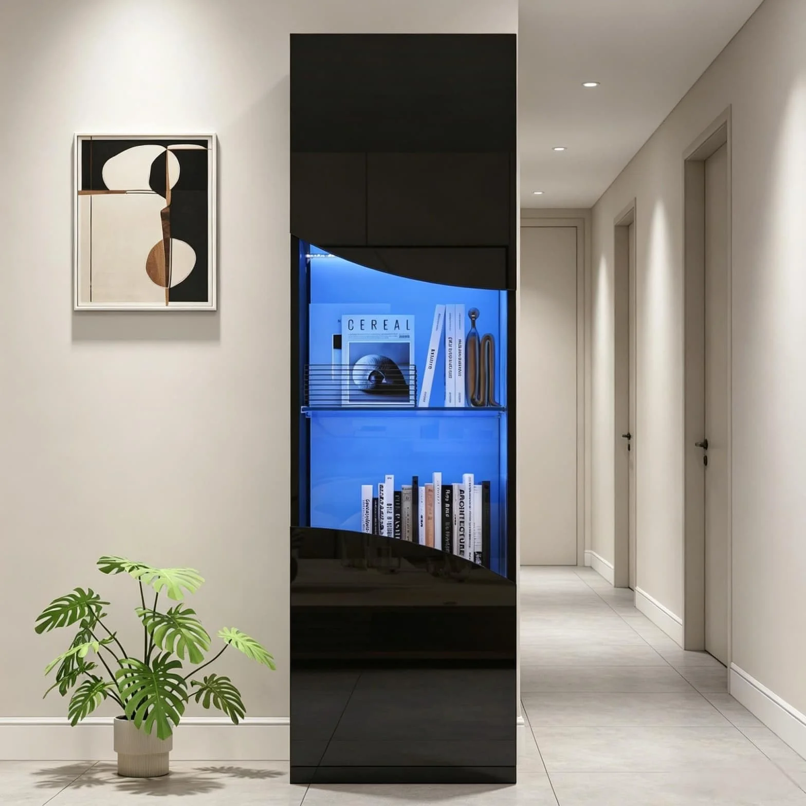 KOMHTOM Armoire Vitrine LED 35x50x165cm, Meuble Exposition Mural avec Éclairage USB, Design Contemporain pour Salon Bureau, Panneau Particules Noir Haut-Brillant(35x50x165cm)