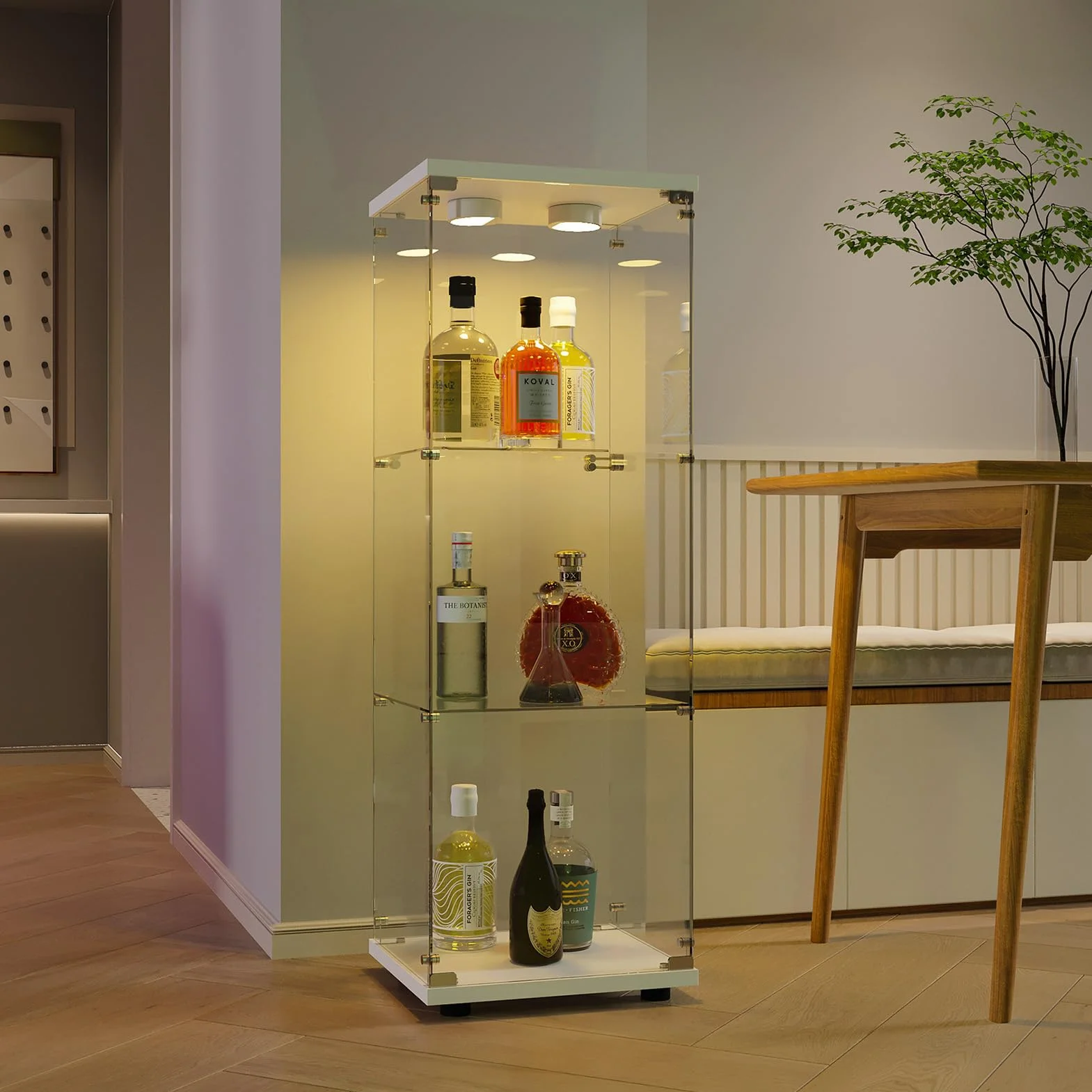 Vitrine en Verre pour Collection, Armoire de Collection Moderne à 3 Couches avec 1 Porte, Meuble Vitrine Verre avec LED, pour Chambre, Salon, 42x36x125cm, Blanc + Lumière
