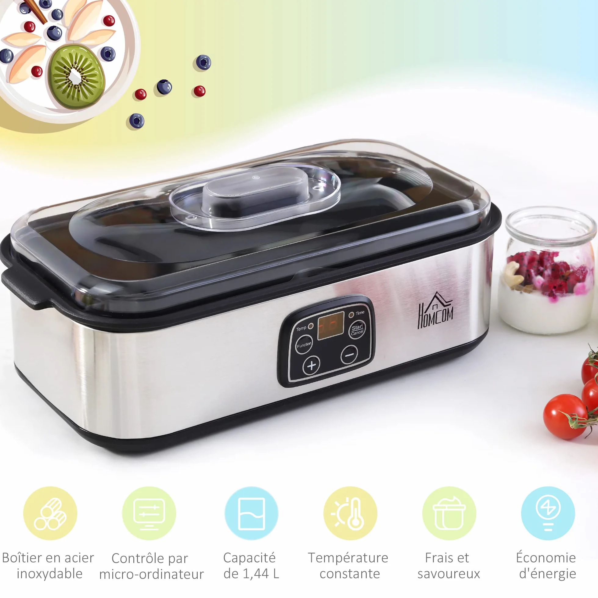 HOMCOM Yaourtière avec 8 Pots en Verre de 180ml, Machine à Yaourt Électrique en Acier Inoxydable avec Minuterie, Thermostat Réglable et Affichage Numérique pour des Desserts Maison Sains