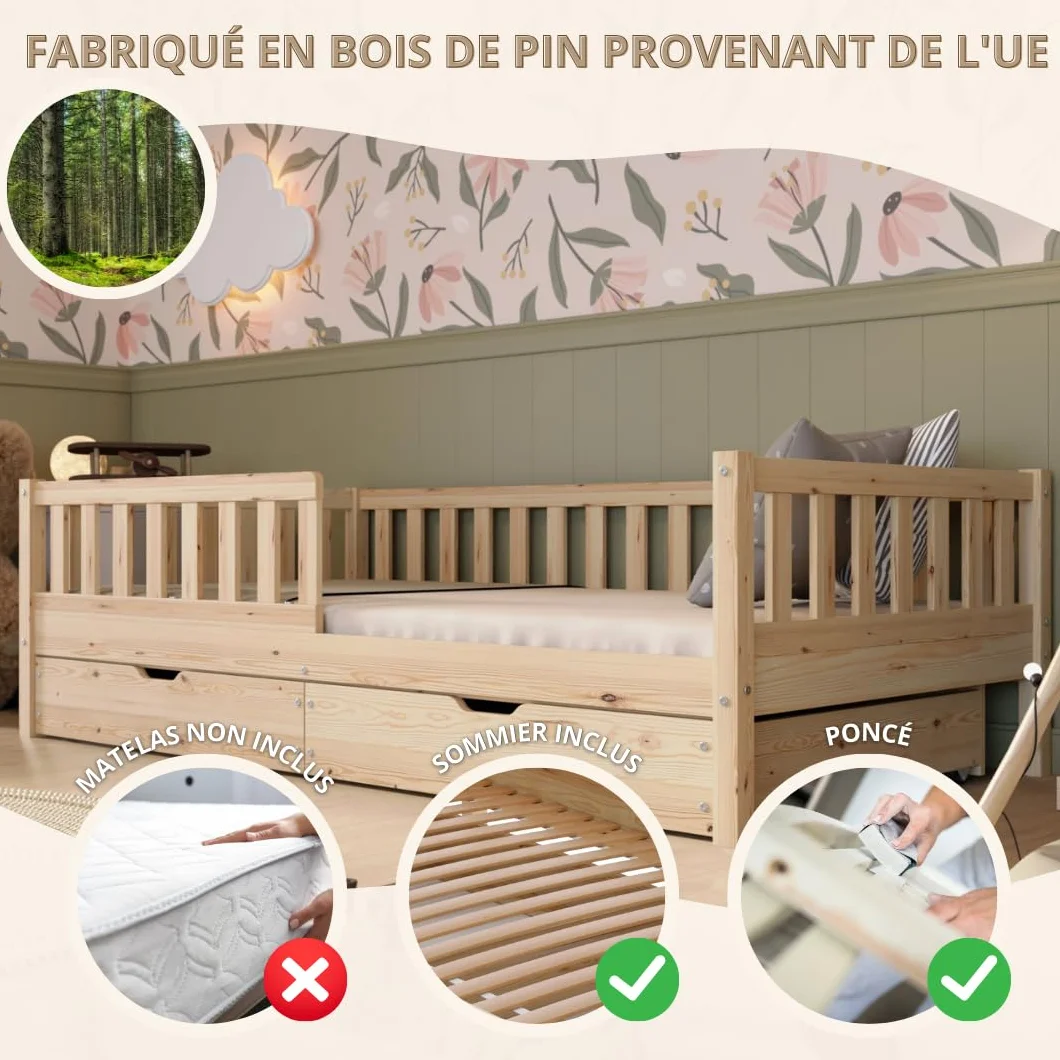 Lit Enfant avec Tiroirs 190x90 cm – Montessori au Sol en Bois Massif avec Barrière – Sécurisé pour Tout-Petit – Design Scandinave, Montage Facile - Crazy Basic