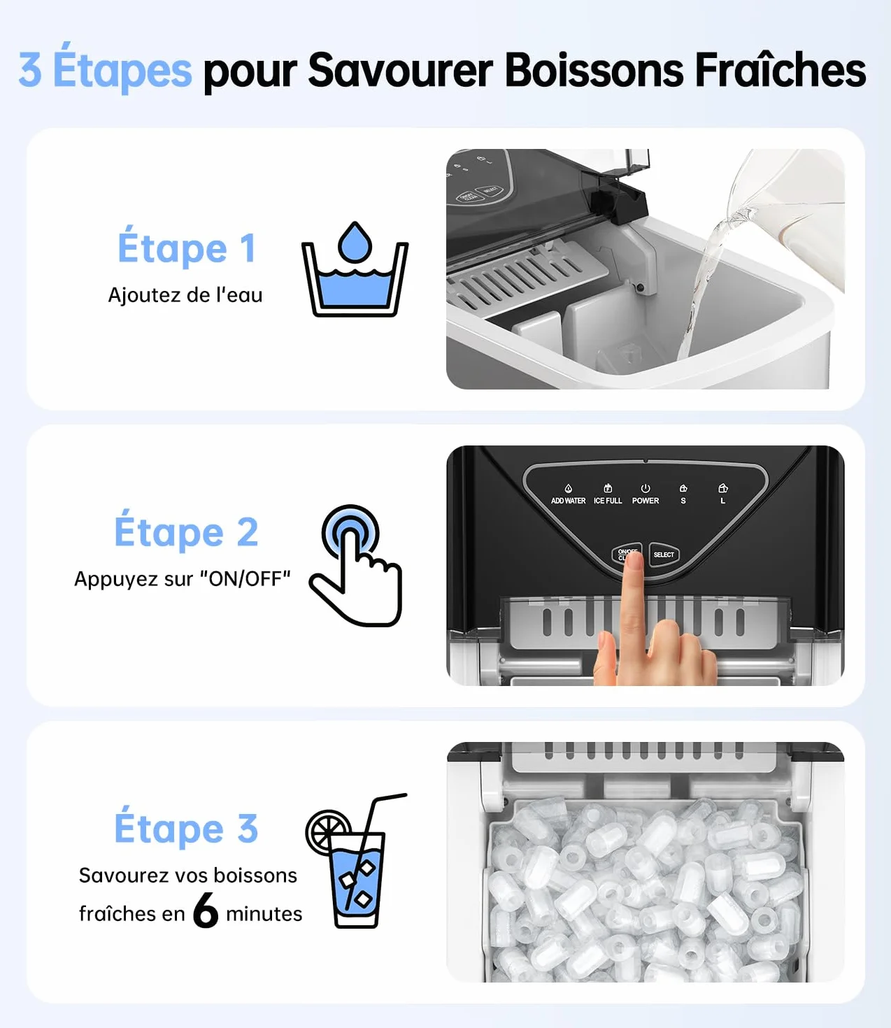 WIE Machine à glaçons, 15 kg de glaçons Ice Maker, 9 cubes en 6 min, Machine à glaçons avec poignée portable, Argent, Machine à glaçons pour la maison/cuisine/bureau/camping-car