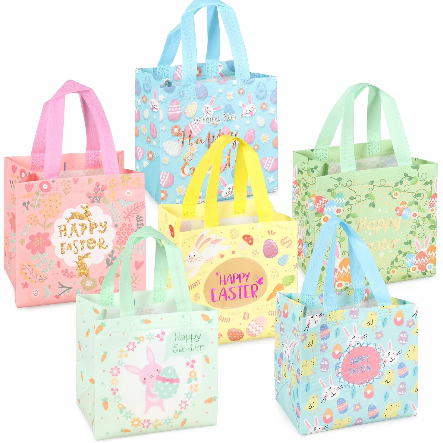 Sacs de Pâques non tissés avec poignées pour chasse aux œufs et emballage de cadeaux 21×20×15cm lot de 6