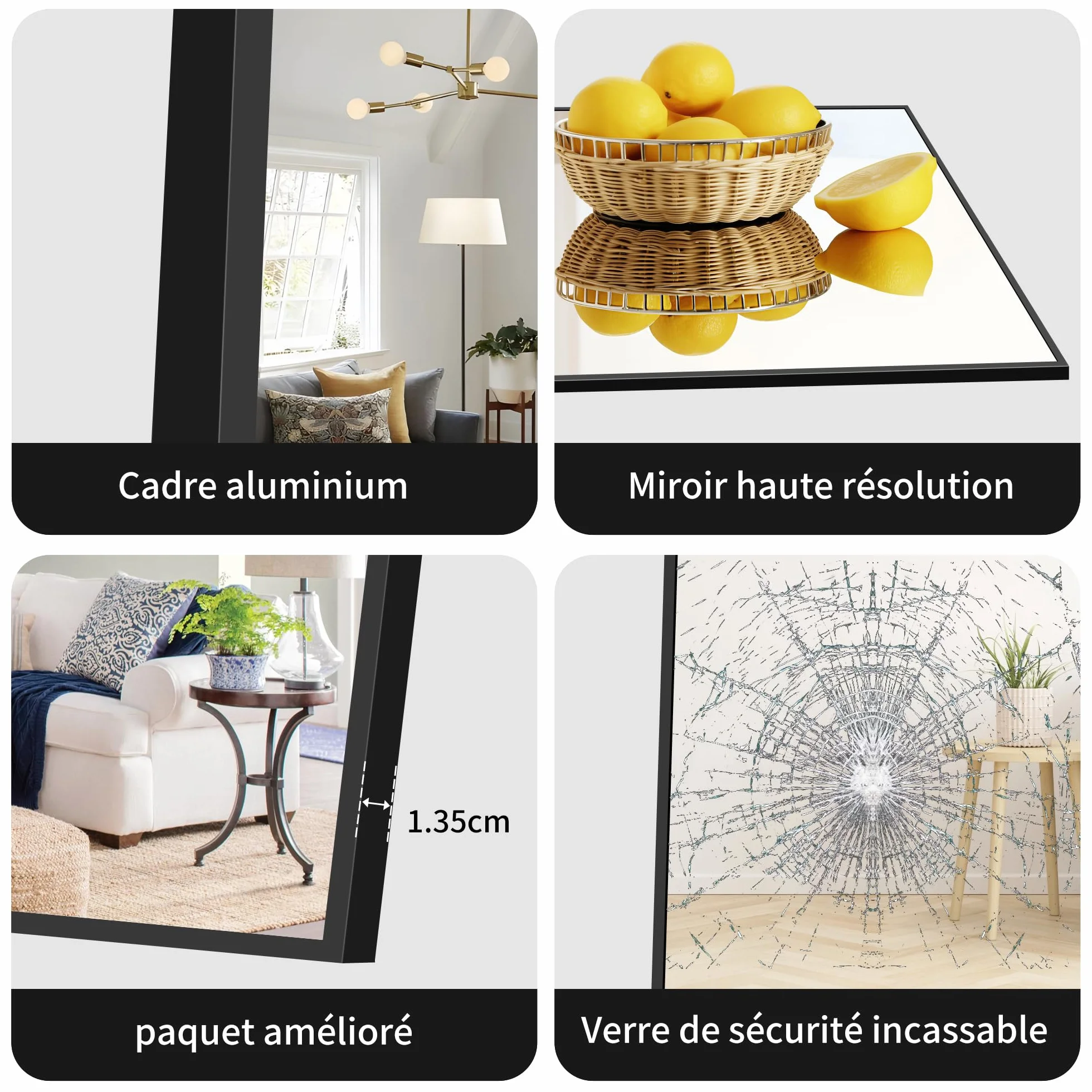 BONEWEI Miroir Pleine Longueur 161 x 52 cm Cadre Aluminium Noir Grand Miroir Mural Rectangulaire Penché Suspendu