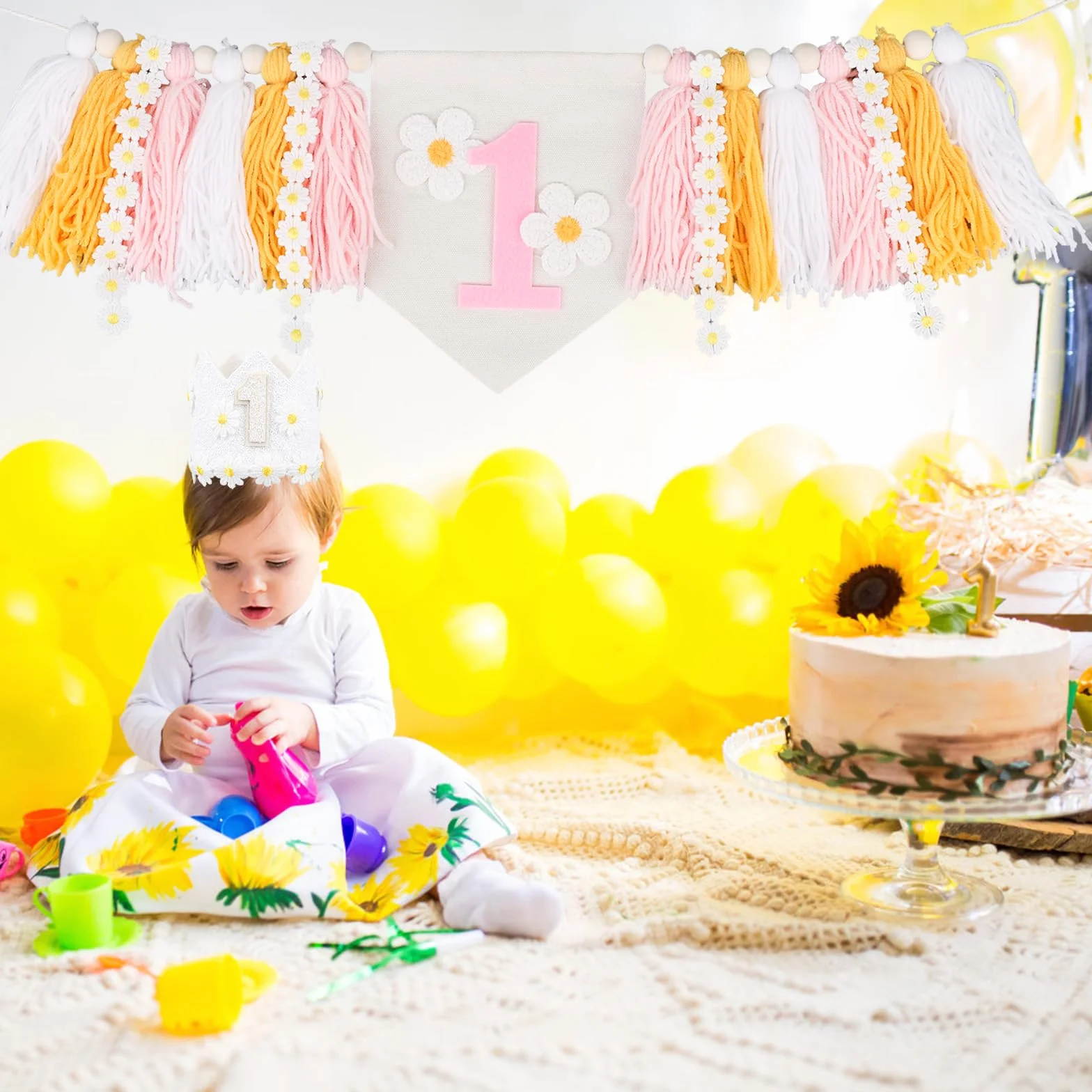BOXOB Bannière de Chaise Haute Daisy 1er Anniversaire, Décorations Fille avec Chapeau Couronne et Marguerite