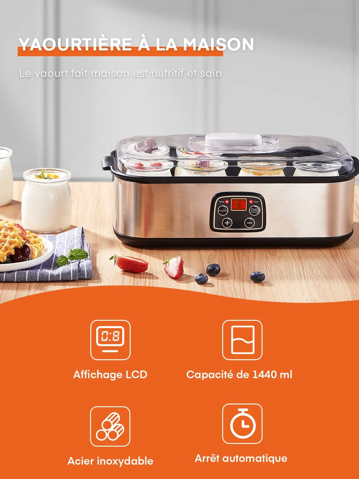 Yaourtière 8 Pots, 180ml Pot en Verre avec Couvercle, Yaourtière avec Écran Numérique, Thermostat Réglable et Minuterie, Arrêt Automatique, Idéal pour Famille et Yaourts Faits Maison
