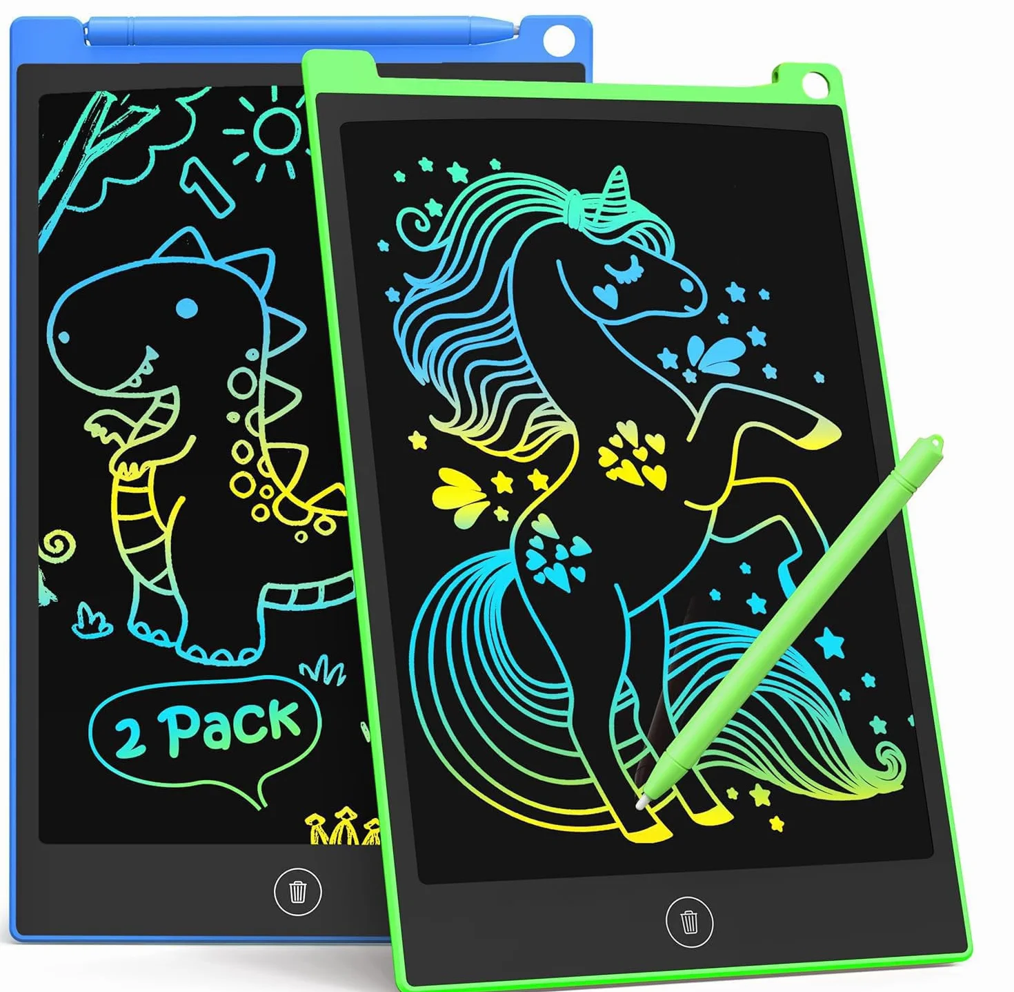 Tablettes d'écriture LCD 21,6 cm Lot de 2 Tableau à gribouiller coloré pour Enfants Bloc de Dessin effaçable réutilisable (Vert Bleu)