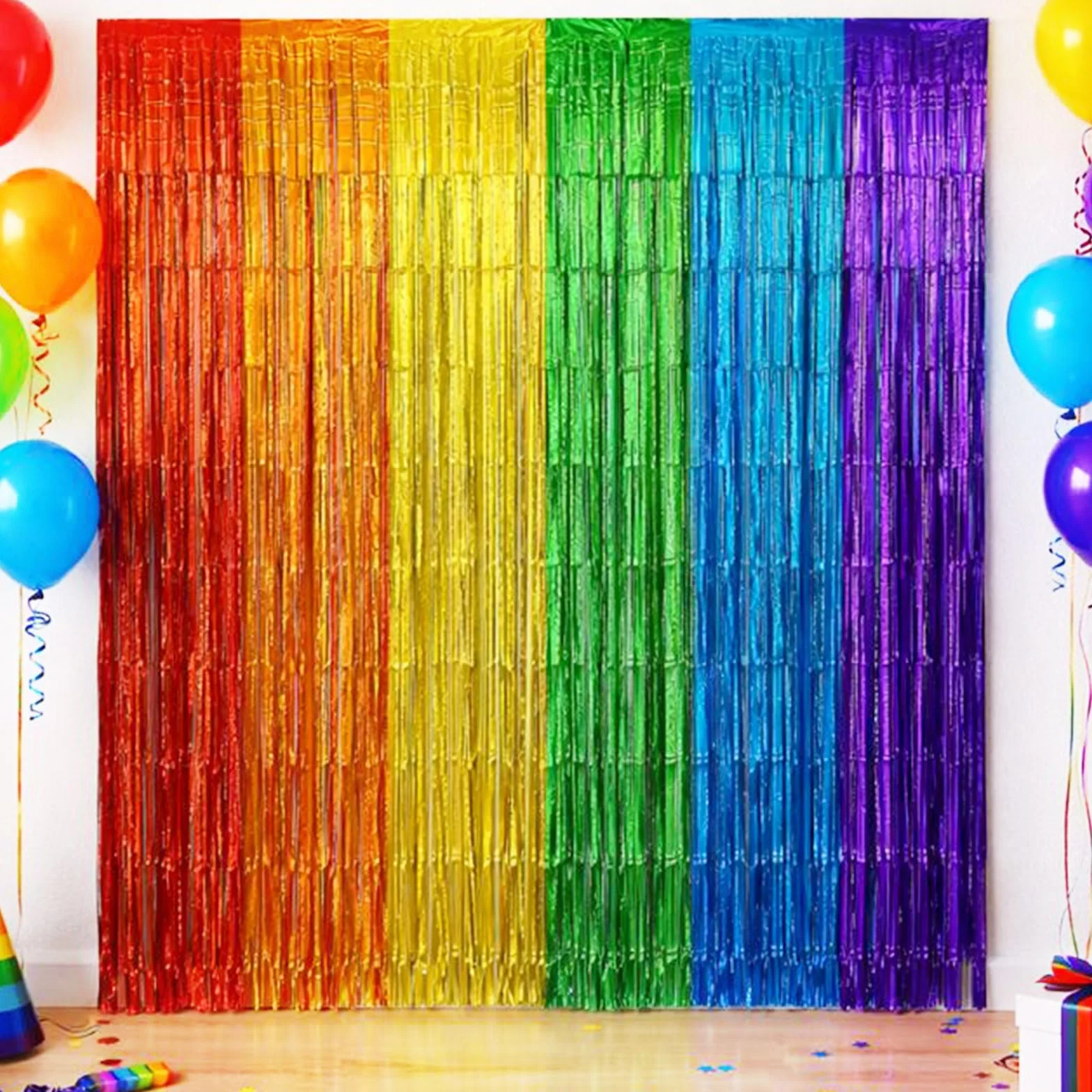 Rideau Métallique Tinsel Arc-en-Ciel, Rideau à Franges Brillant Auto-Adhésif, Décoration Porte Mur Table pour Fête Anniversaire Mariage