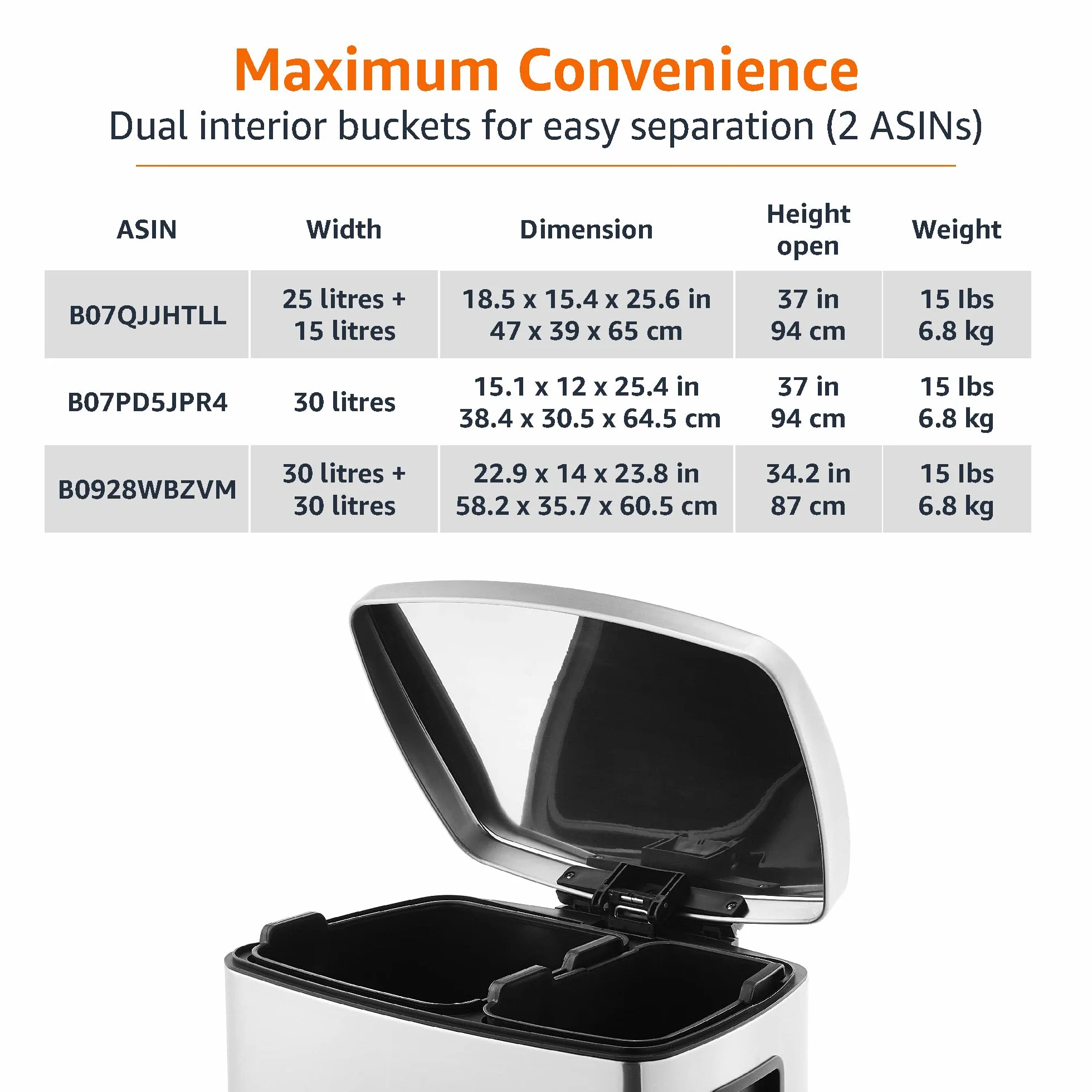 Amazon Basics Poubelle de recyclage rectangulaire à pédale 2 compartiments 25 L 15 L 40 L argent