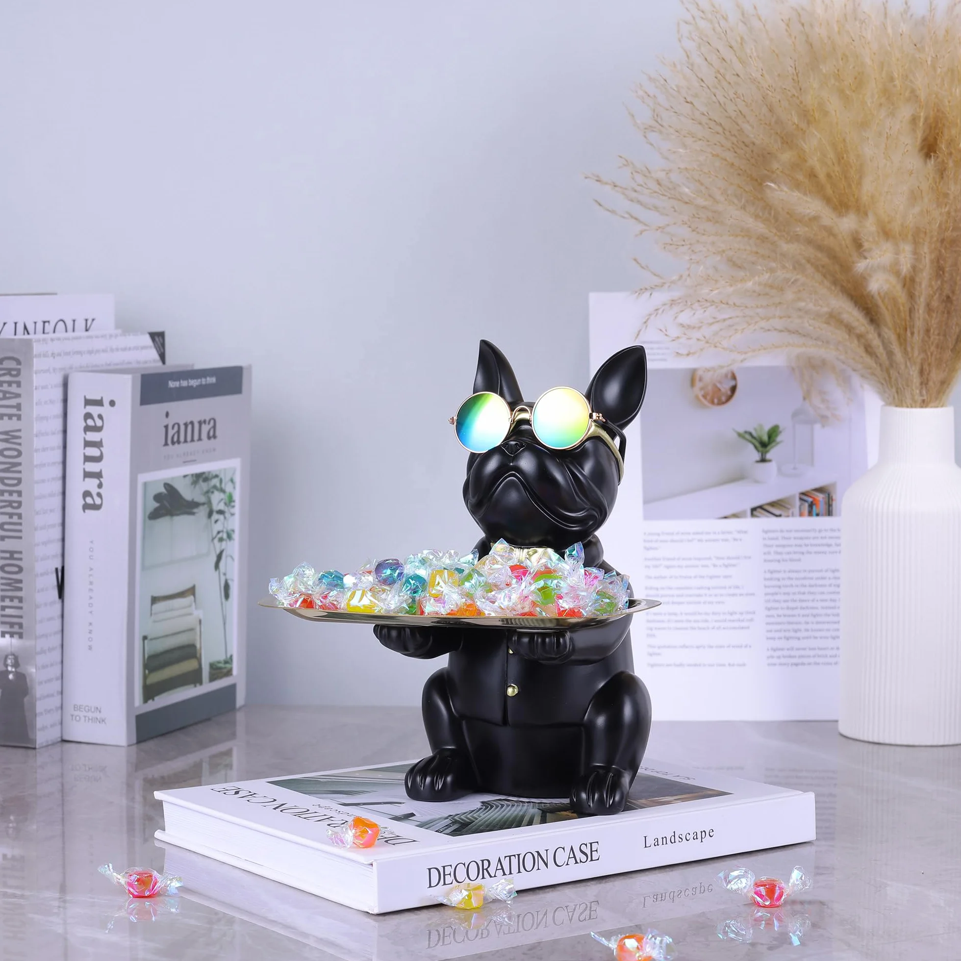 Bouledogue Statue Chien Plateau Décoratif Résine Clés Rangement Décoration Maison Moderne (Noir)