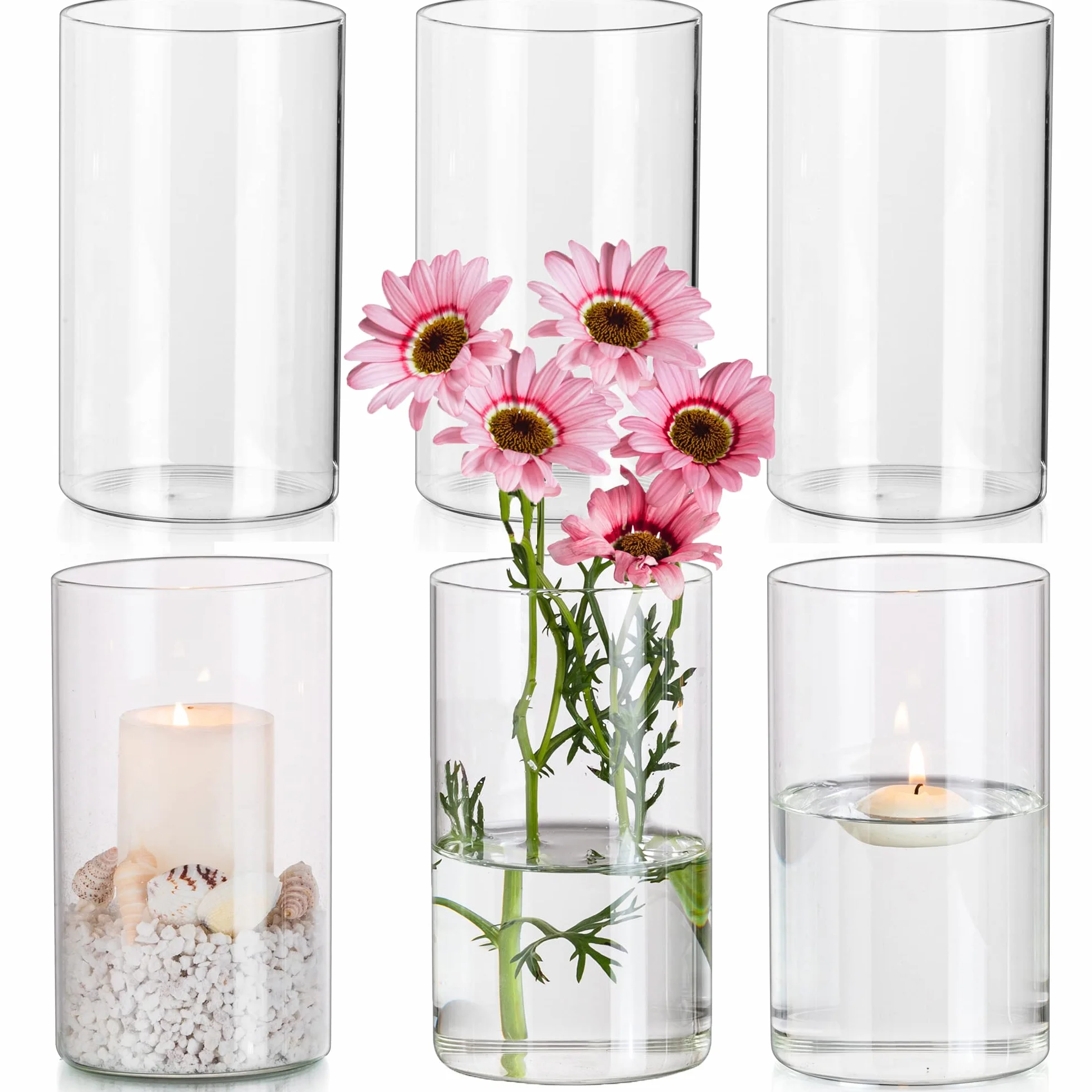 Hewory Vases Cylindriques en Verre Lot de 6, Vase en Verre Transparent de 15cm pour Fleurs, Grand Support de Bougie pour Bougies Piliers Flottantes, Vase à Fleurs Rond pour Mariage, Centre de Table