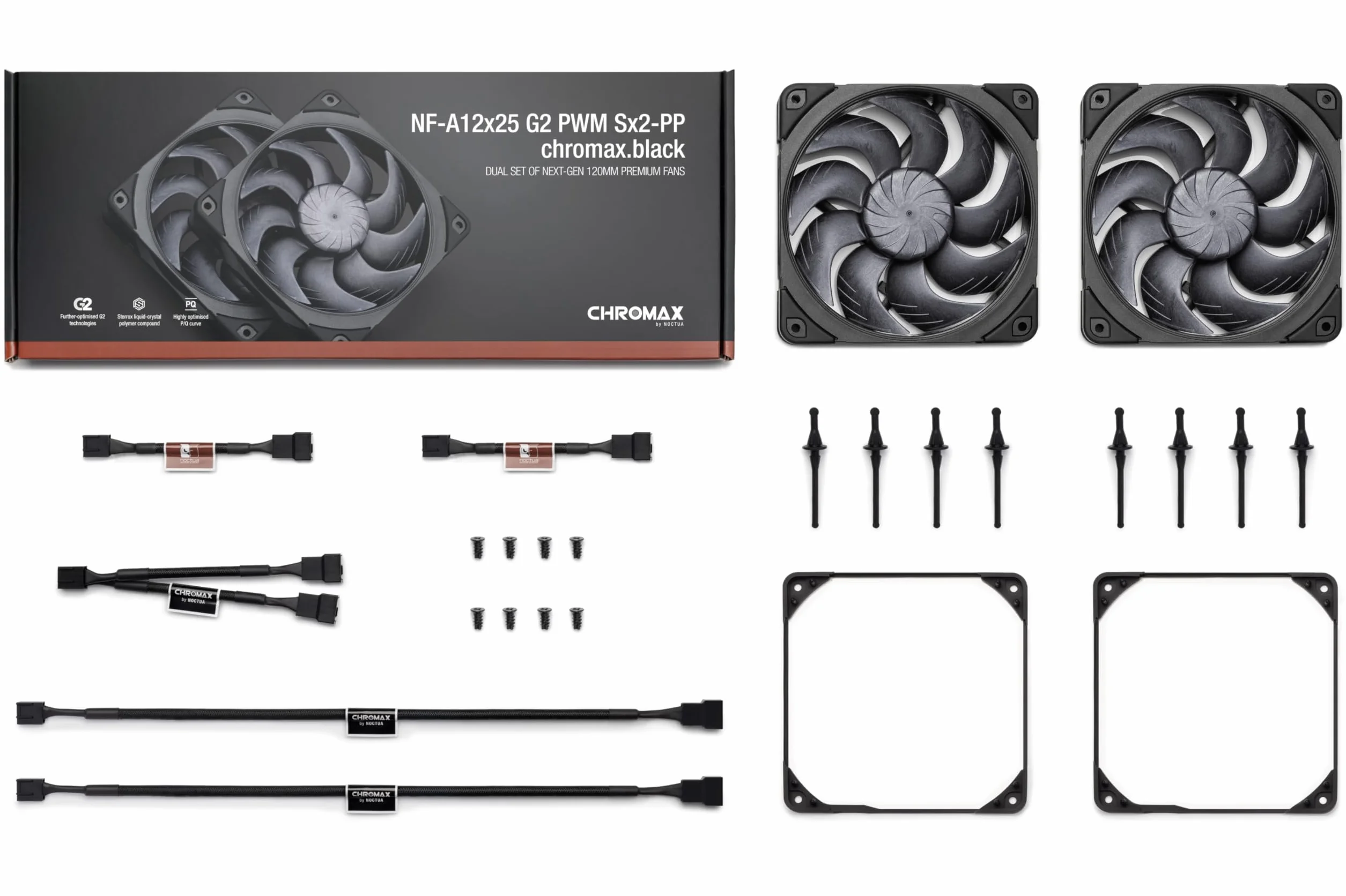 Noctua NF-A12x25 G2 PWM Sx2-PP chromax.black, Dwuwentylatorowy Zestaw do Stosowania w Układzie Sąsiadującym oraz Push-Pull (Czarny)