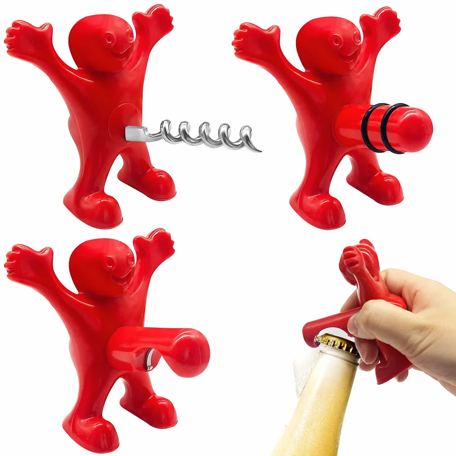 Tire Bouchon Cadeau Homme, 3pcs Rouges Tire Bouchon Cadeau Homme Femme,Bière Ouvre Bouteille Tire Bouchon Drole pour Cadeau Noël Anniversaire
