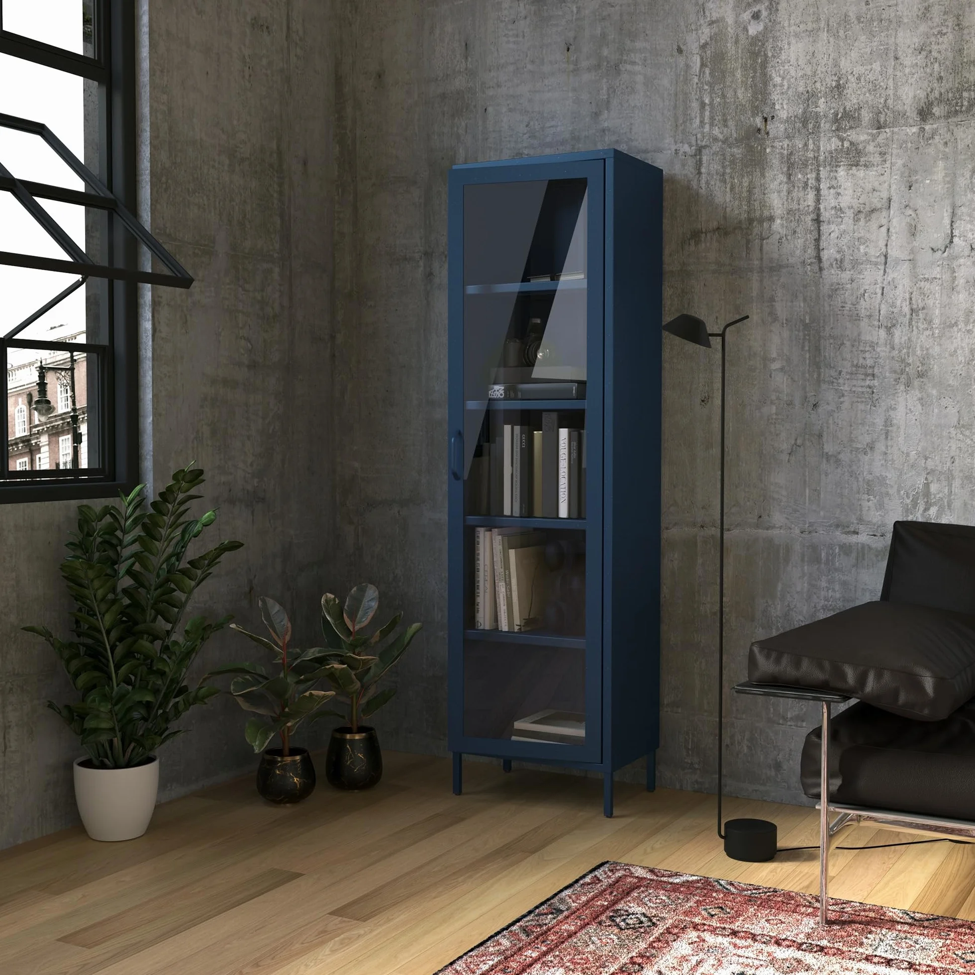 Jan Nowak Luigi Armoire vitrine à 1 Porte - 50 x 180 x 35 cm - 4 étagères réglables - Verre trempé - Montage Mural - Vitrine en Verre Debout - Armoire de Salon Scintillante - Bleu foncé