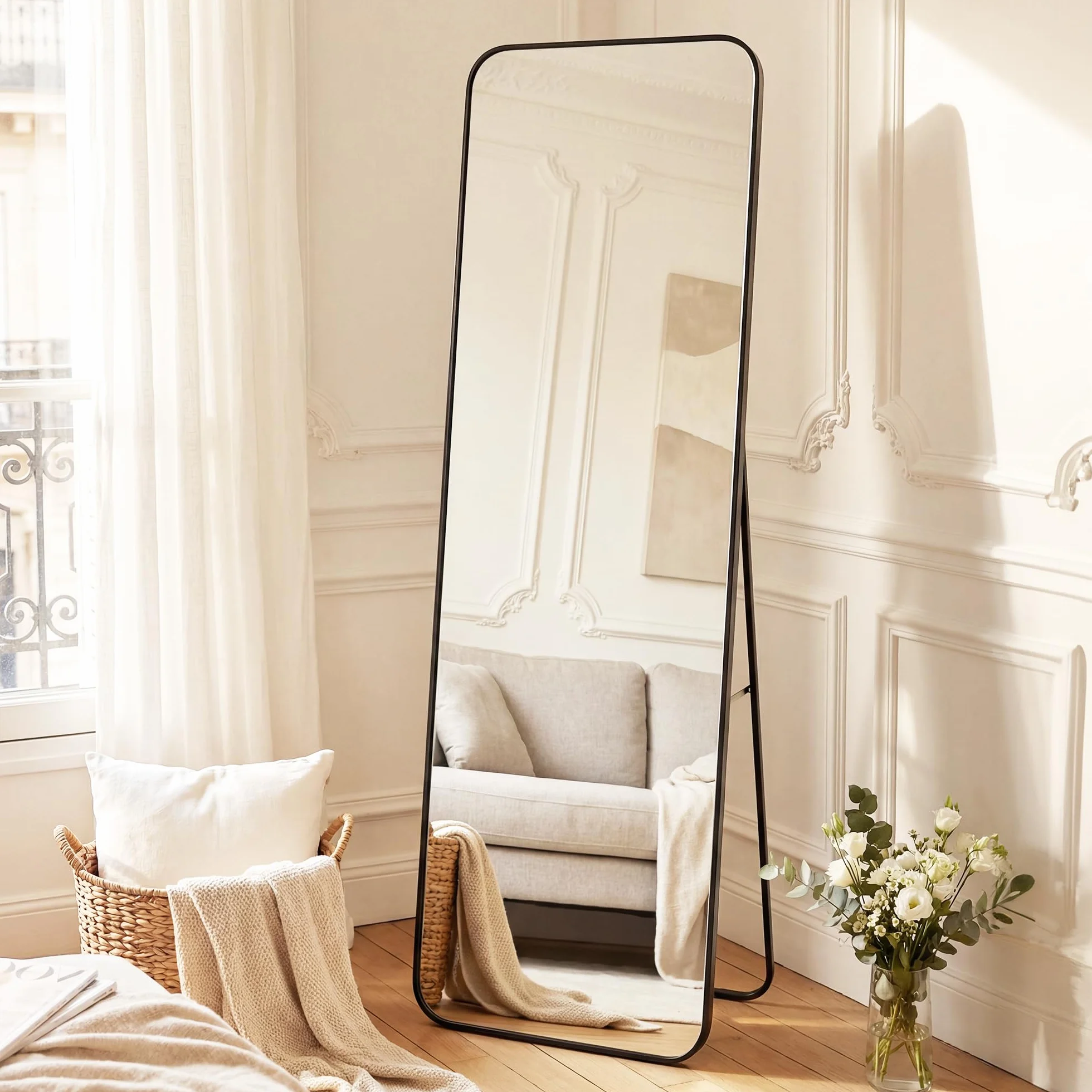 SONGMICS Miroir Intégral 165 x 50 cm Miroir Rectangulaire sur Pied Cadre en Alliage d’Aluminium Verre Trempé Noir d’Encre LFM030B01