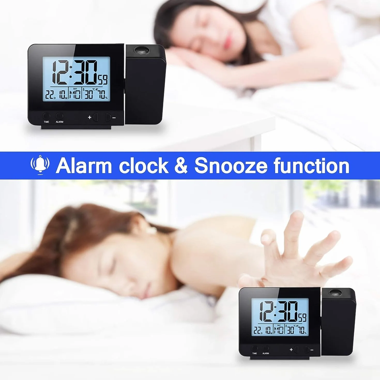 Réveil à Projection Numérique pour Chambre avec Température, Snooze et Luminosité Réglable