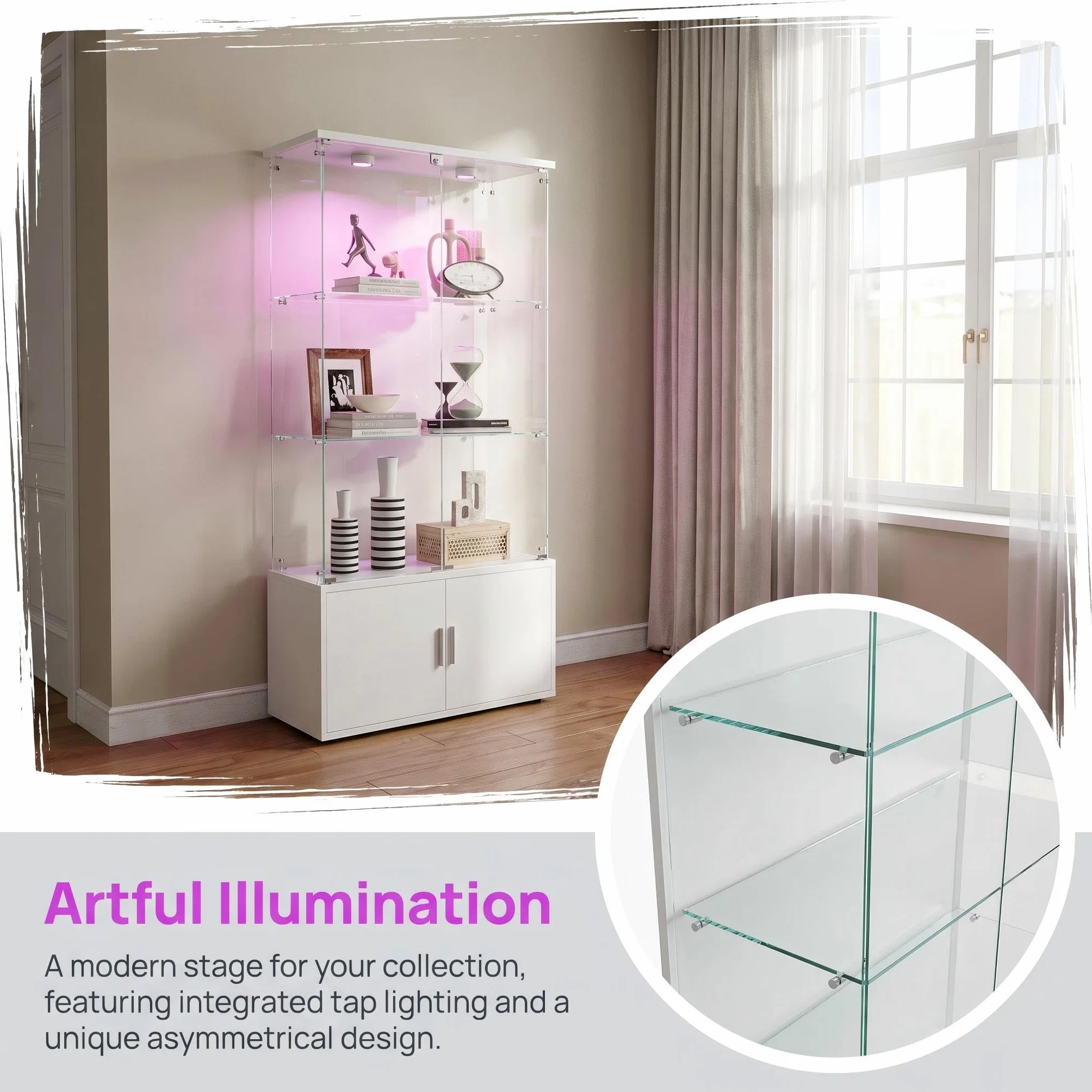 Vitrine en Verre, LED Meuble Vitrine, 3 Etages 4 Portes Vitrine Salon, Vitrines Exposition, Applicable Tous Scénarios Nécessitant Rangement Ambiance (Signal lumineux à déclenchement tactile (blanc))
