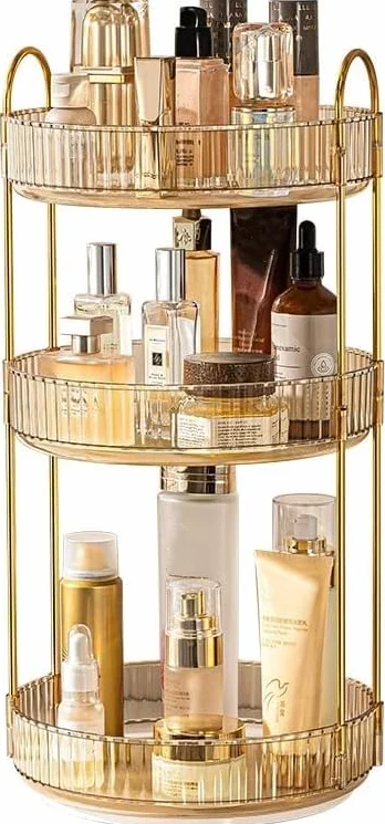 CESTATIVO Organisateur de maquillage, rotatif à 360°, organisateur de cosmétiques, organisateur de soins de la peau pour salle de bain (3 couches, ambre)