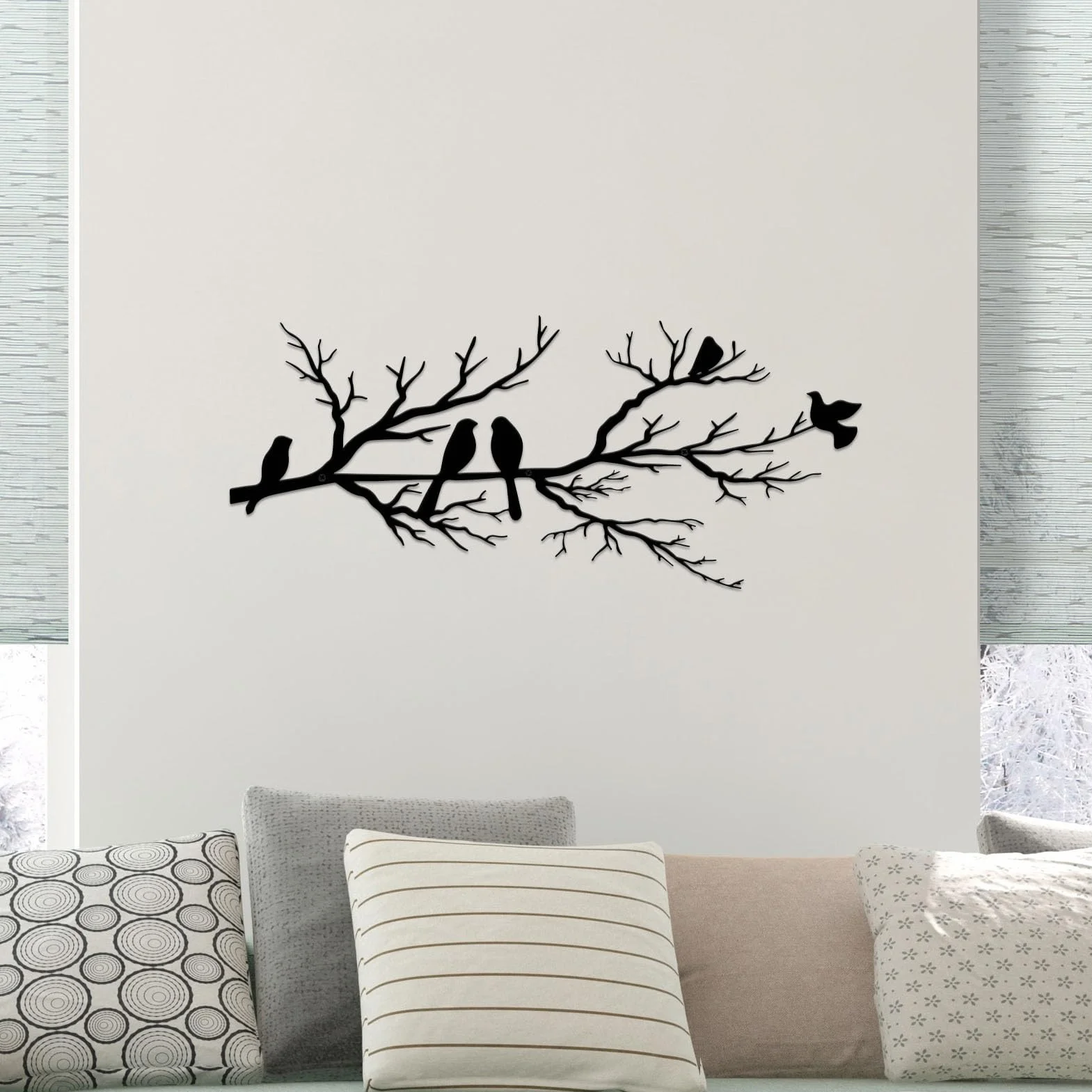 ESTART Décoration murale extérieure en métal silhouette d'oiseaux sur une branche feuilles noires sculpture murale pour maison jardin