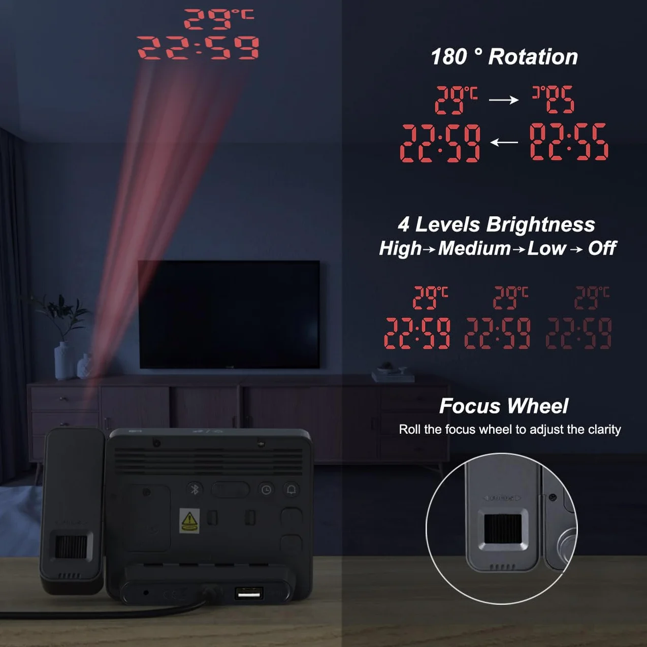 Horloge De Projection Numérique Chambre À Coucher Projecteur Rotatif 180° Synchronisation Heure Bluetooth Doubles Alarmes Date Température Variateur 4 Niveaux