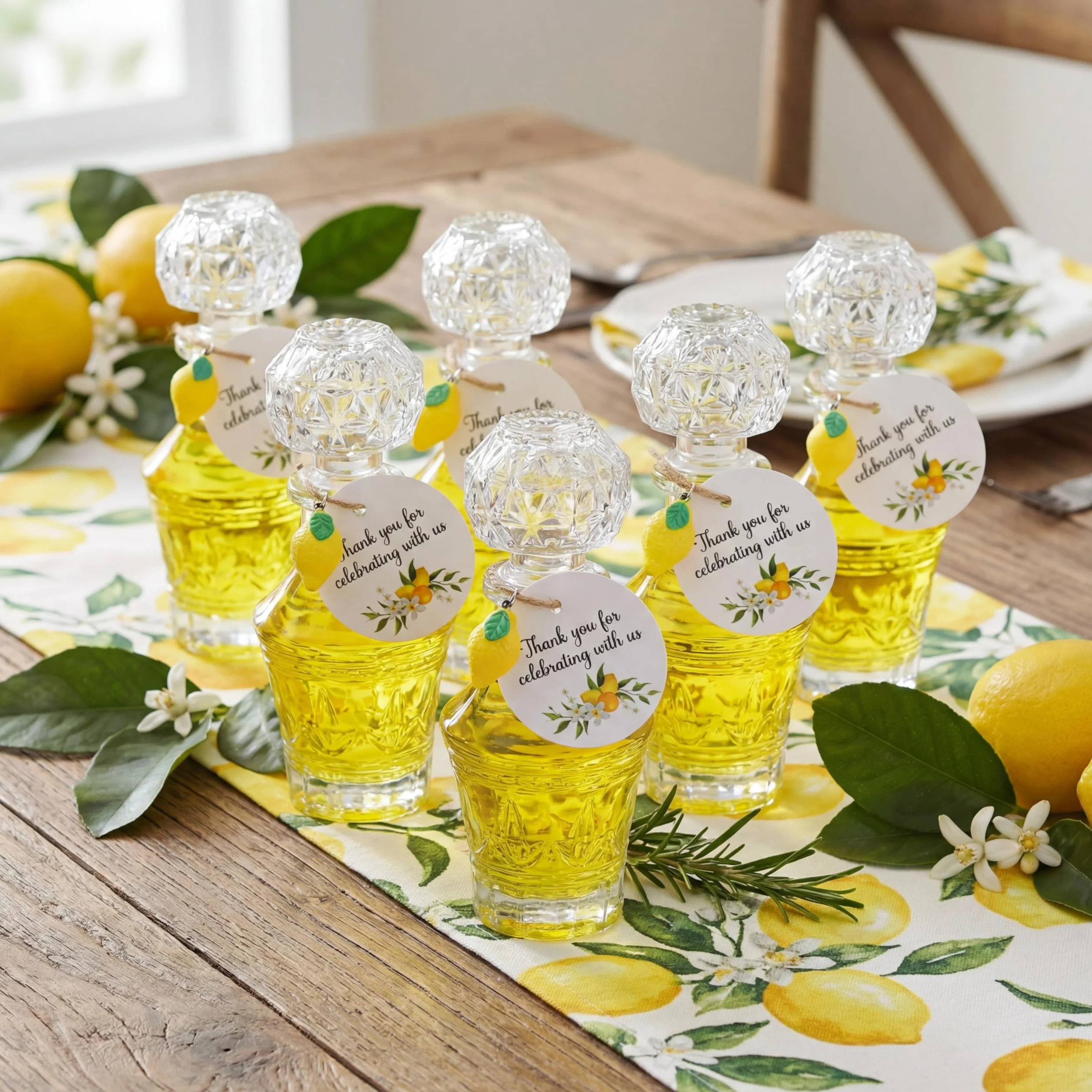 Chuangdi Lot de 16 mini bouteilles en verre Limoncello avec étiquettes - 50 ml - Pendentifs en forme de citron - Cadeaux de fête au citron pour brassage maison, mariage, baby shower, cadeaux (Rétro)