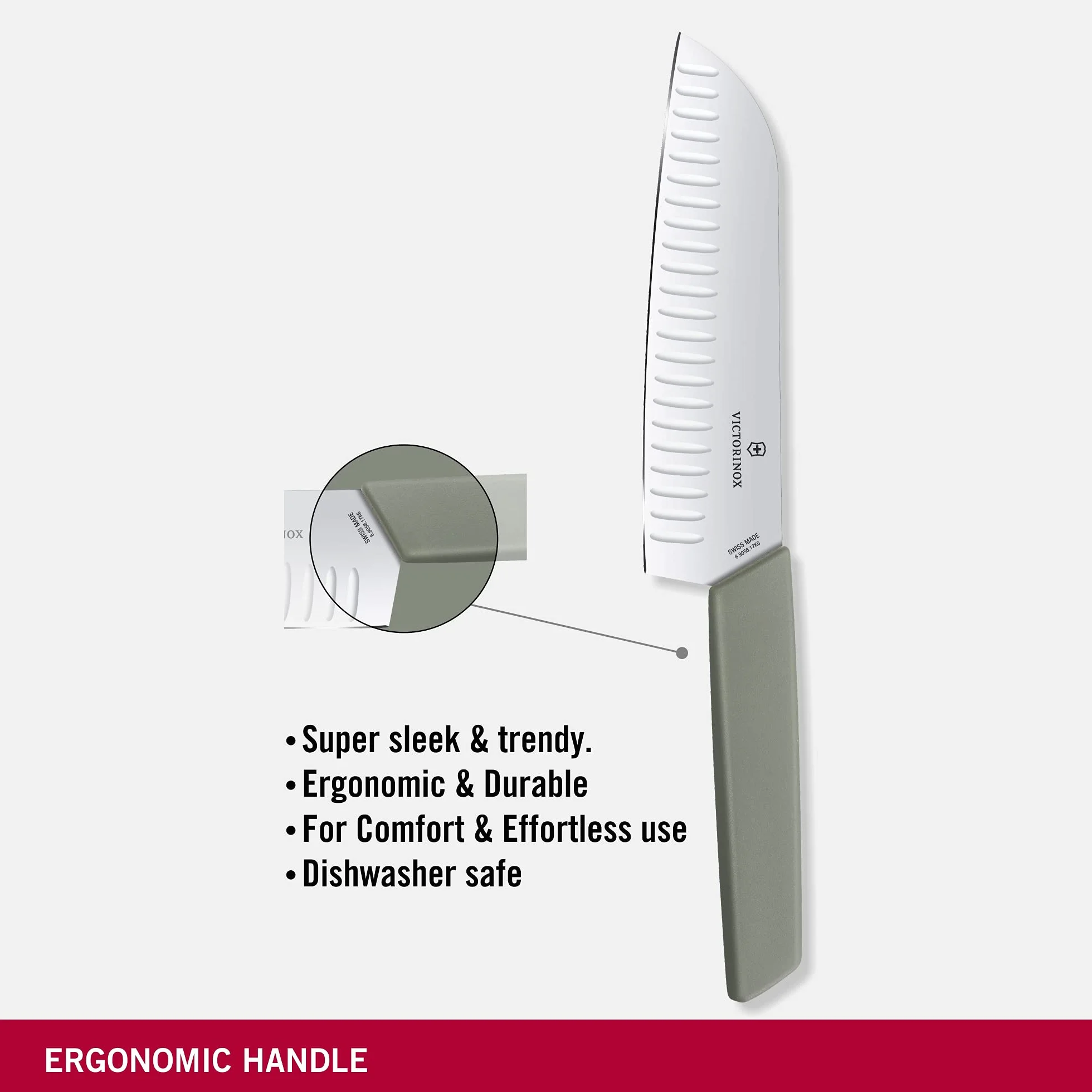 Victorinox Swiss Modern, Couteau Santoku professionnel, Lame extra-tranchante, lame alvéolée, 17 cm, Manche plastique, Acier inoxydable, vert olive