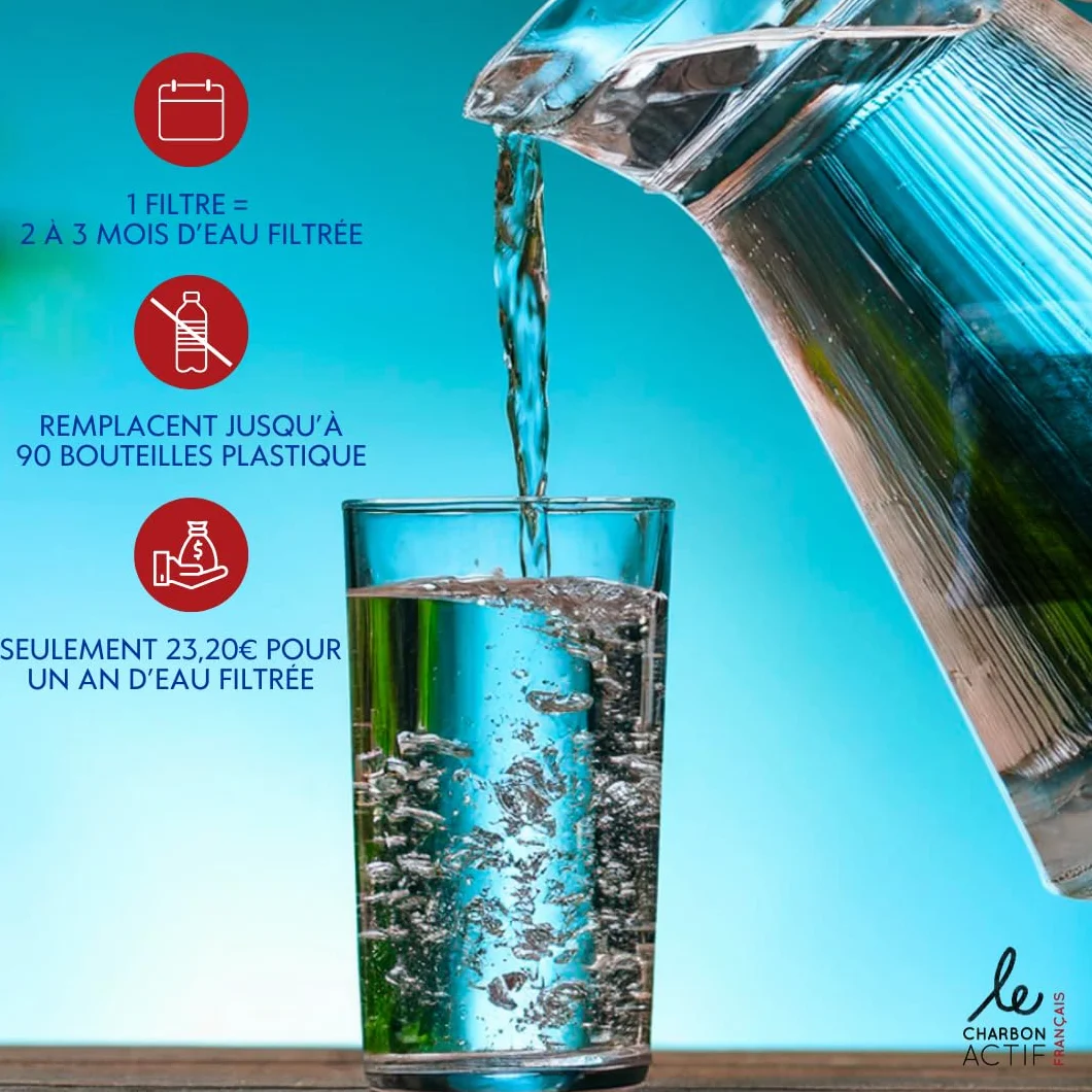Carafe Filtrante en Verre 1L - inclus 2 cartouches filtrantes au charbon végétal activé sans BPA - Filtre eau du robinet réduit PFAS calcaire chlore pesticides métaux lourds