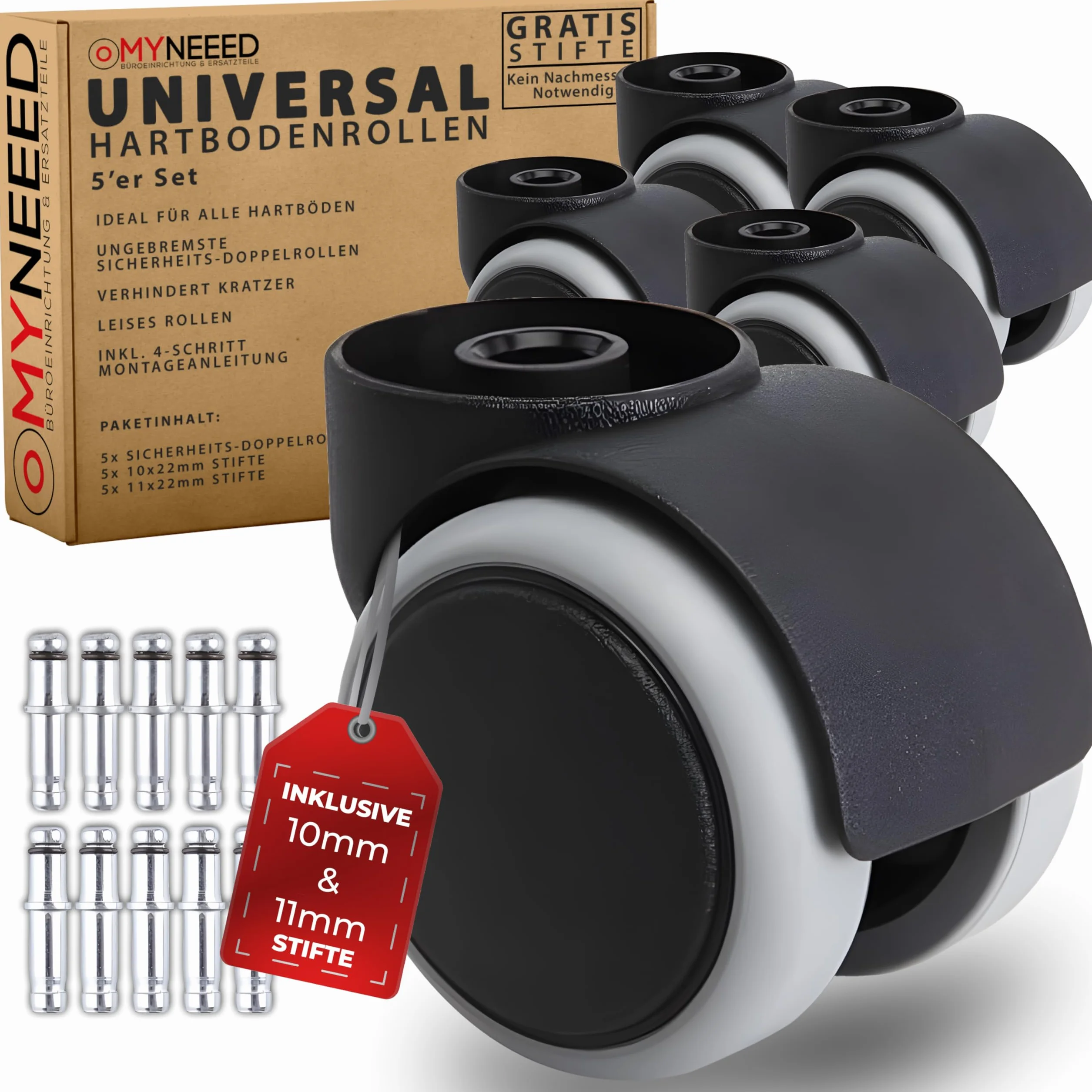 Roulettes pour sols durs 10 mm/11 mm pour toutes les marques de chaises de bureau – Roulettes résistantes sans goupille pour sols stratifiés, parquets, carrelages – Sans rayures et silencieuses