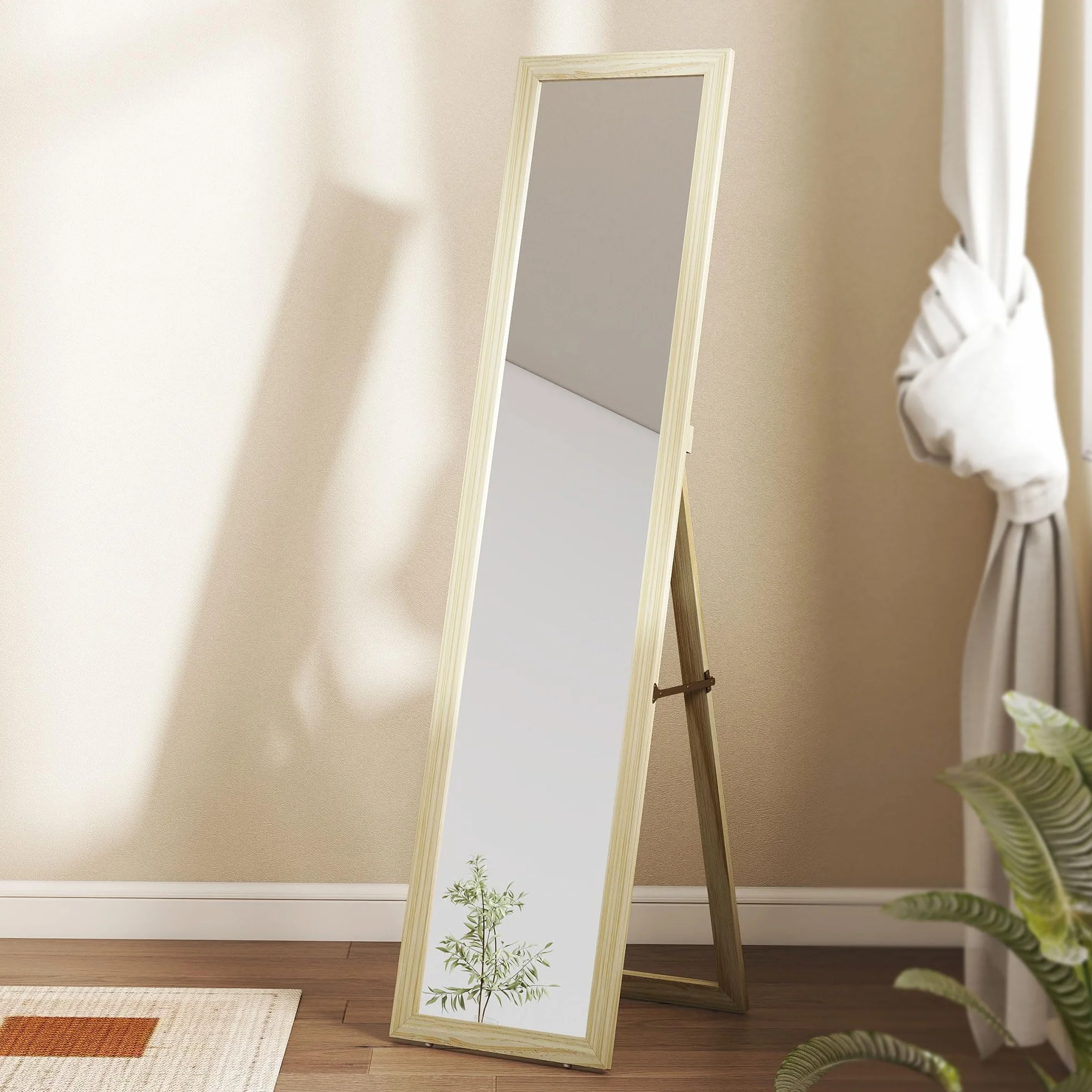 HOMCOM Miroir sur Pied et Mural Rectangulaire, Miroir de Sol Pleine Longueur pour Dressing, Chambre, Salon, 37 x 37 x 154 cm, Bois Naturel