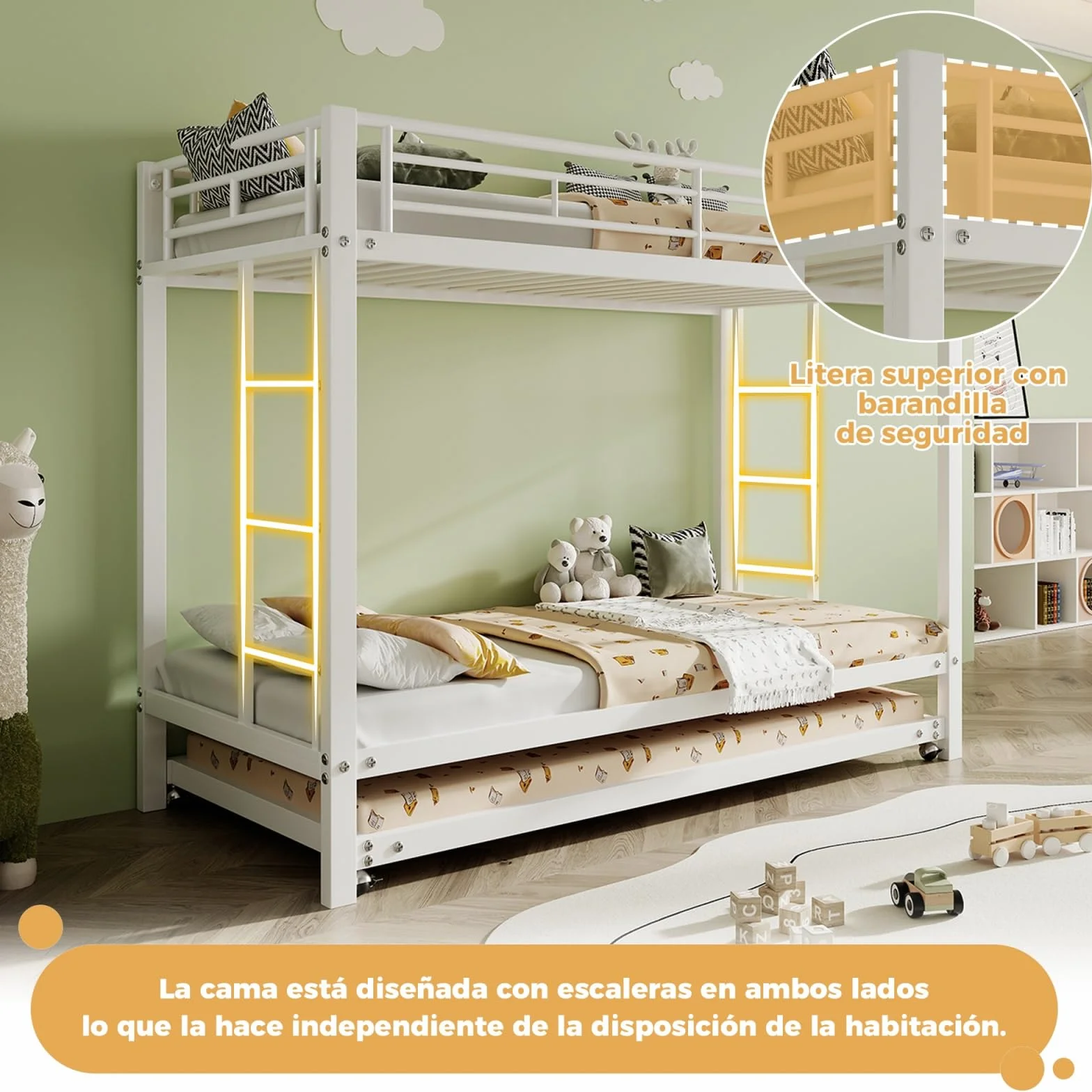 Lit Superposé 3 Places 90x200 cm avec lit Gigogne 90x190cm,Blanc | Cadre de Lit en Métal,Barrières de Sécurité, Échelle Antidérapante, lit avec sommier,Certification EN747,pour Garçons Filles