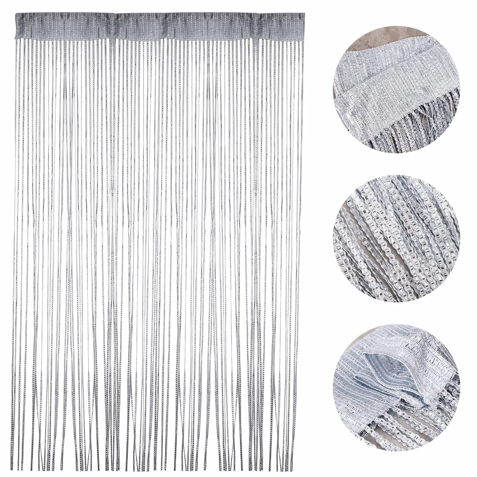 Rideau de porte à Cordes Argent décorative 100 x 200 cm Panneau Mural Fenêtre Salle de Frange moustiquaire Gris