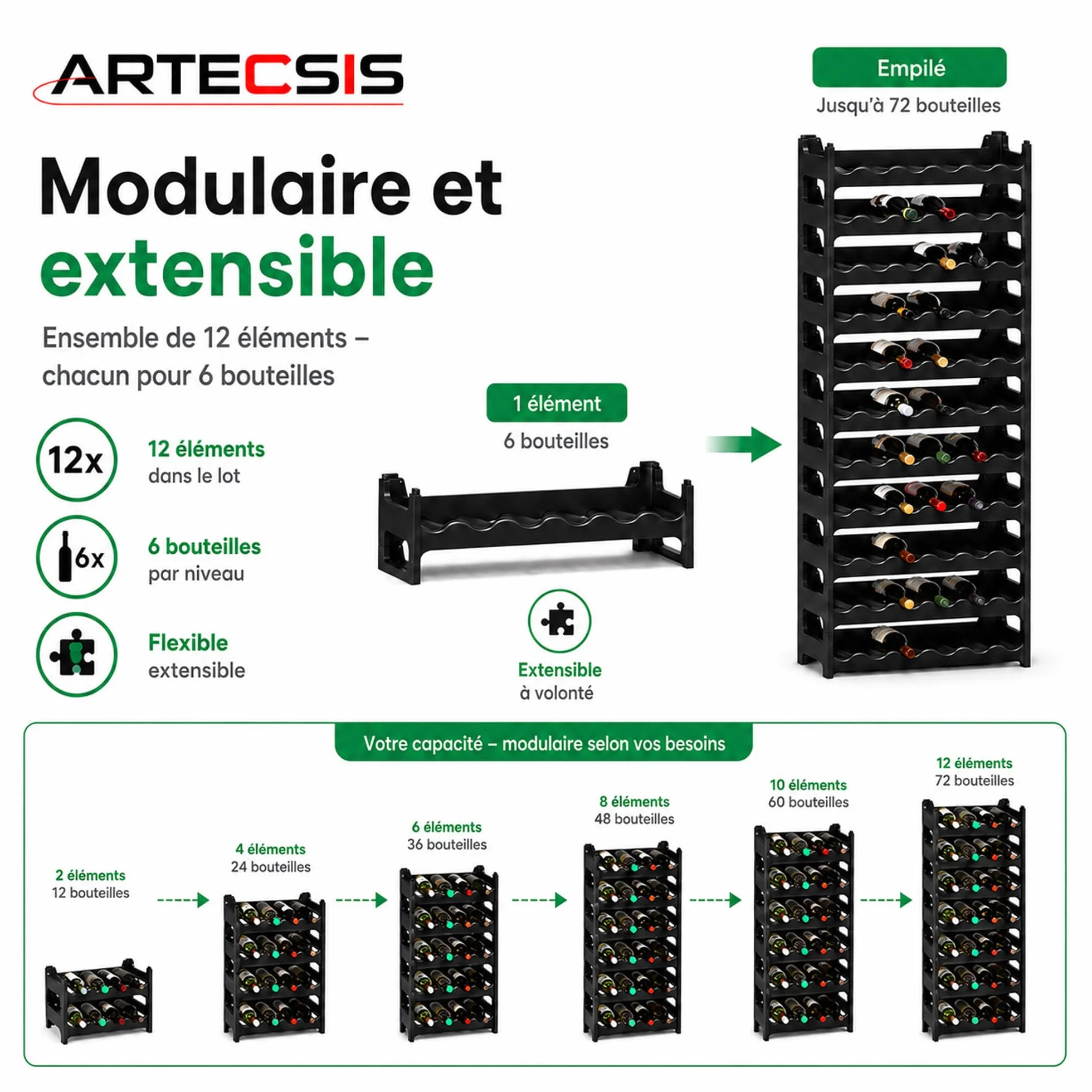 ARTECSIS Casier à Bouteilles pour 72 Bouteilles, Étagère à Vin, Range Bouteille en Plastique Noir