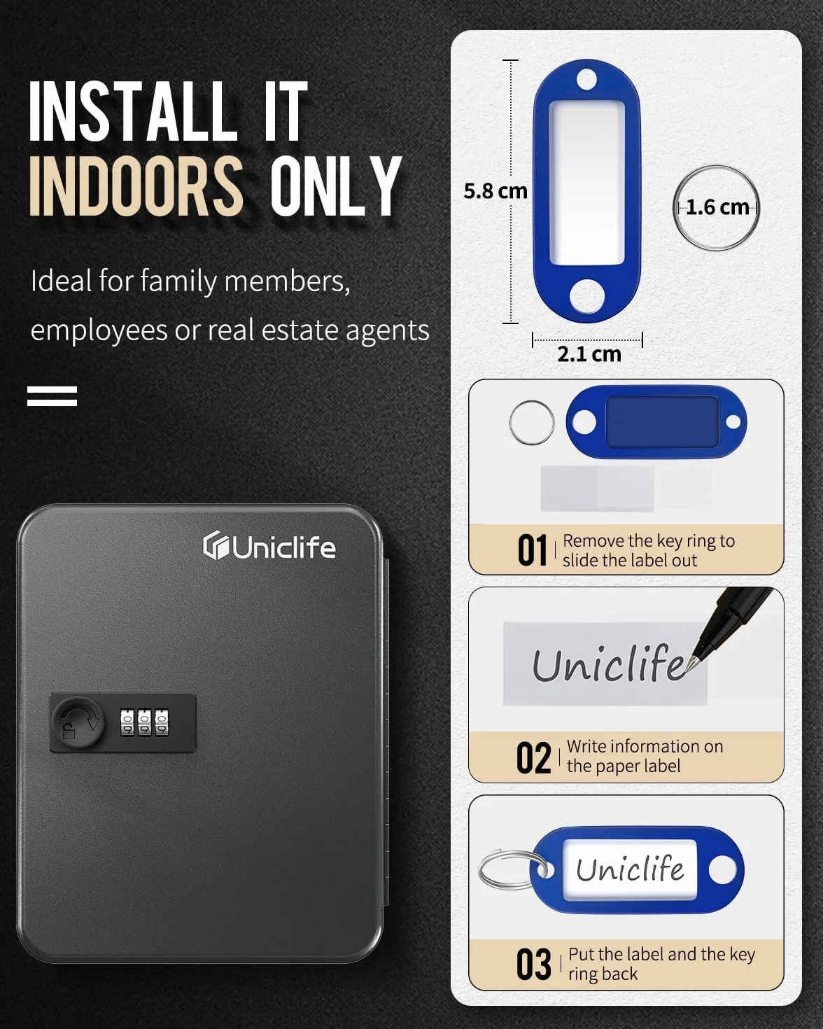 Uniclife Armoire à Clés 20 Positions Serrure à Combinaison Réinitialisable Boîte à Clés Numérique Noire