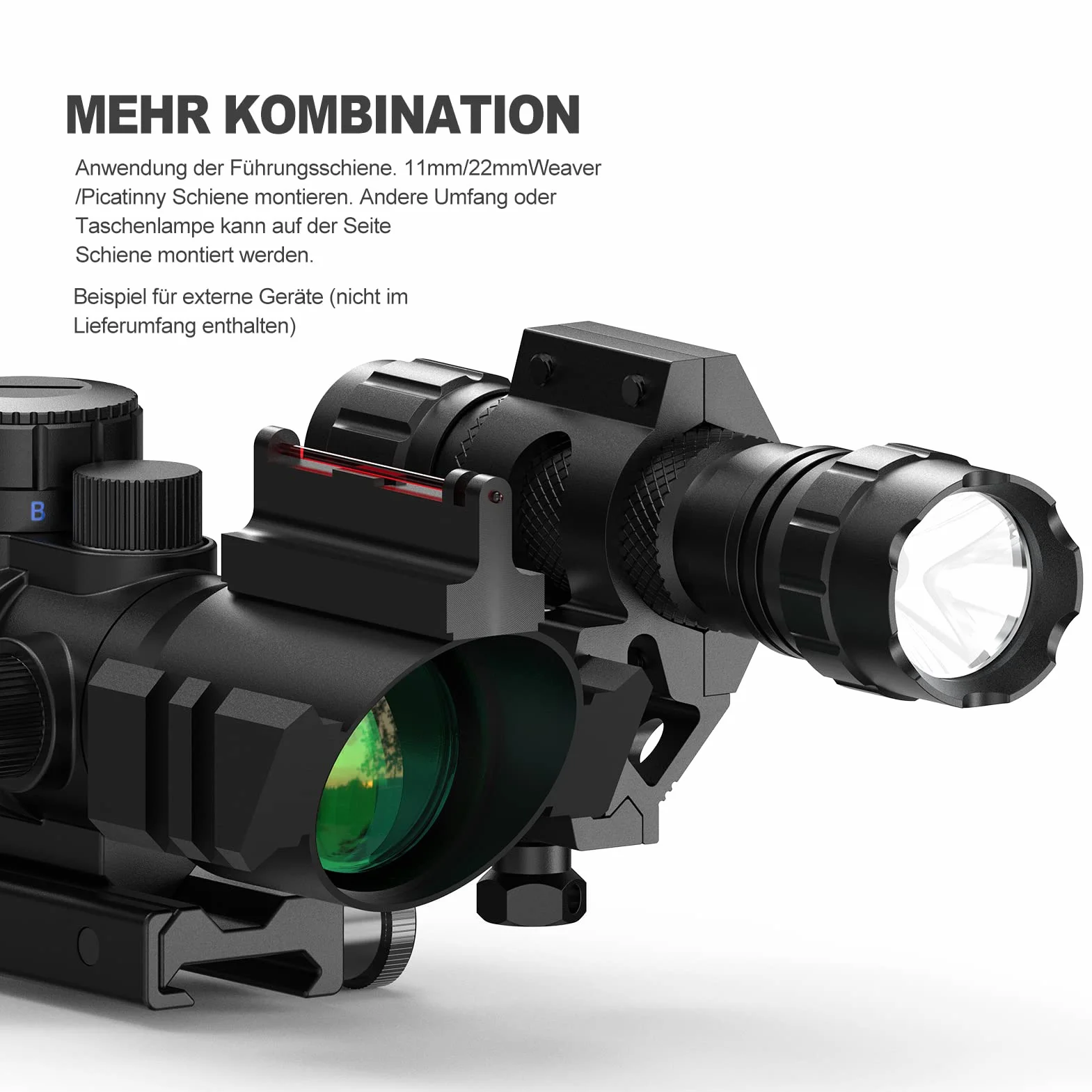 Feyachi Luneta celownicza 4x32mm czerwono-zielono-niebieska z potrójnym podświetleniem i celownikiem światłowodowym