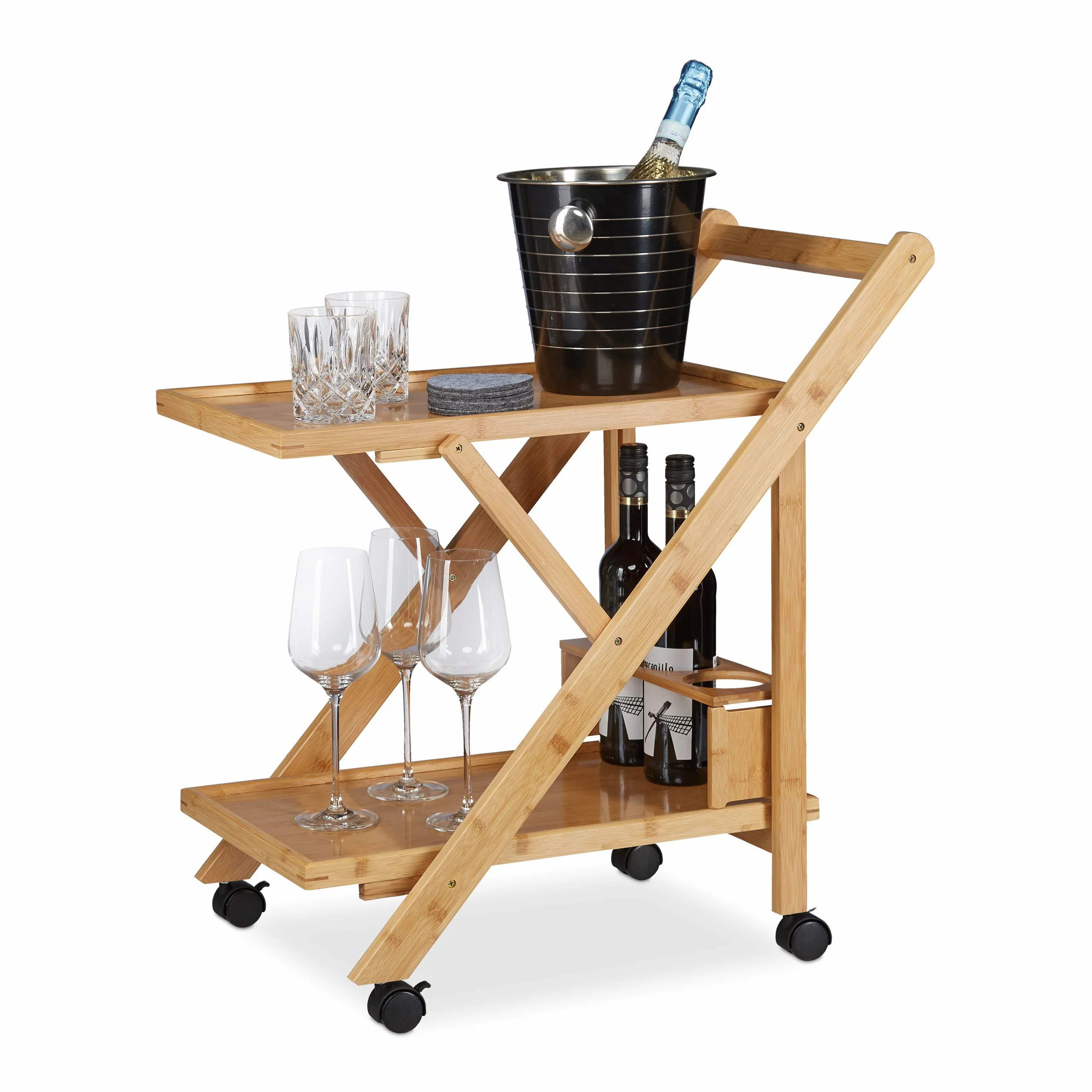 Relaxdays Desserte de Cuisine en Bambou Service Pliable Chariot à Boissons thé, Nature, 70 x 40,5 x 65 cm, Brun Clair, Noir