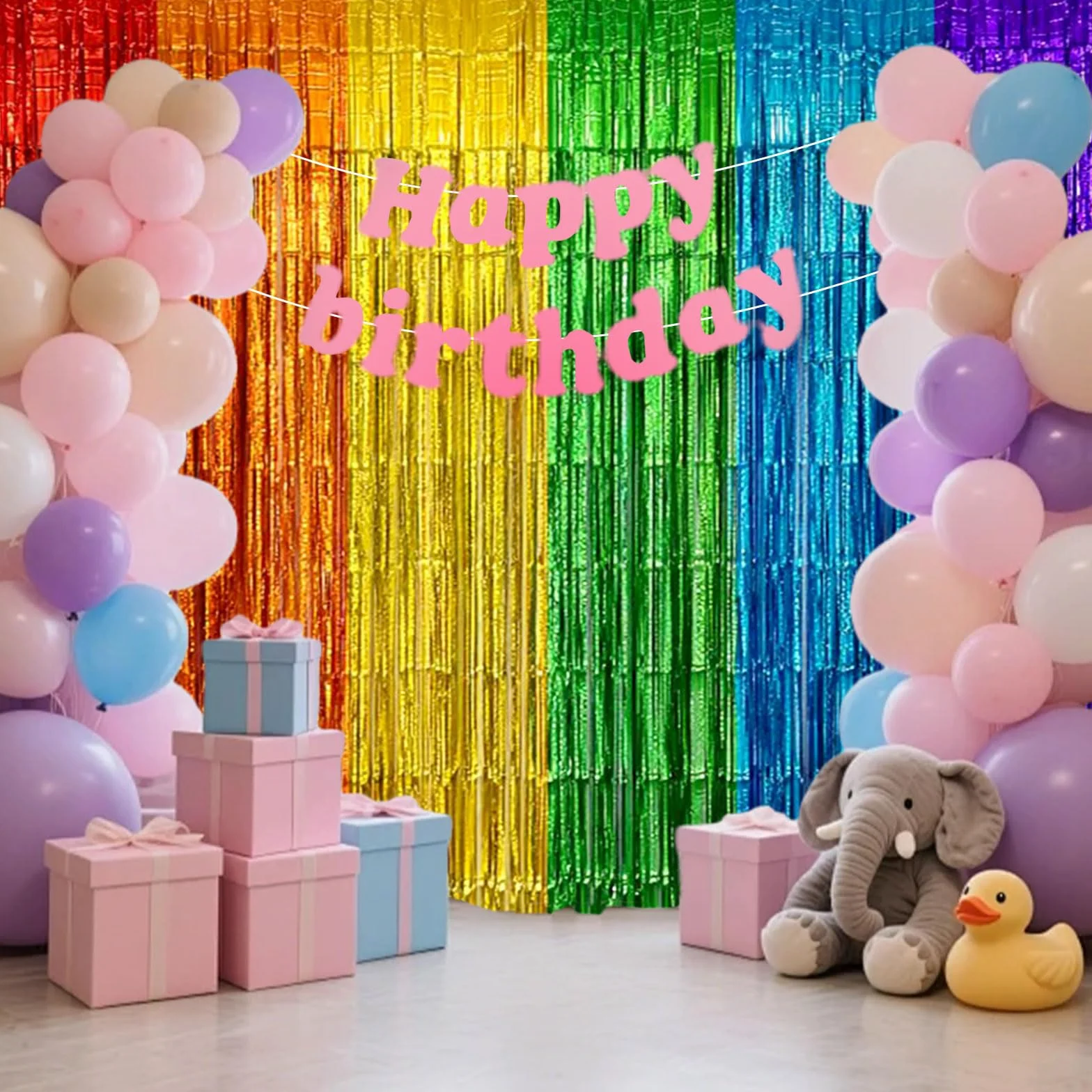 Rideau Métallique Tinsel Arc-en-Ciel, Rideau à Franges Brillant Auto-Adhésif, Décoration Porte Mur Table pour Fête Anniversaire Mariage