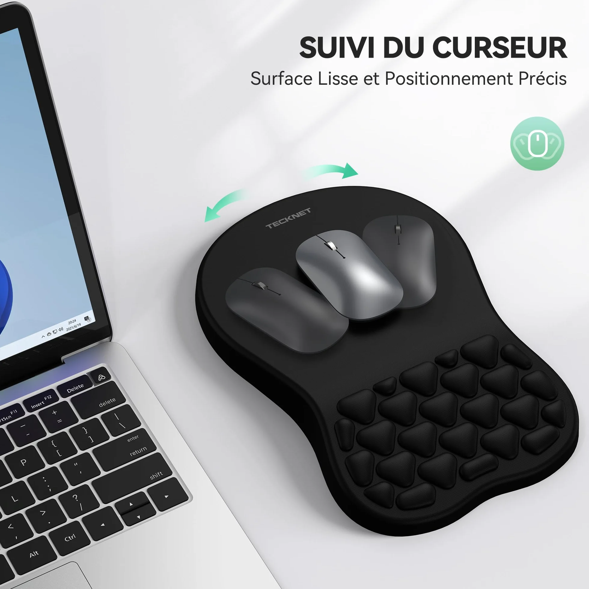 TECKNET Tapis de Souris avec Coussinet Massant Mousse Mémoire, Base Silicone Antidérapante Lavable