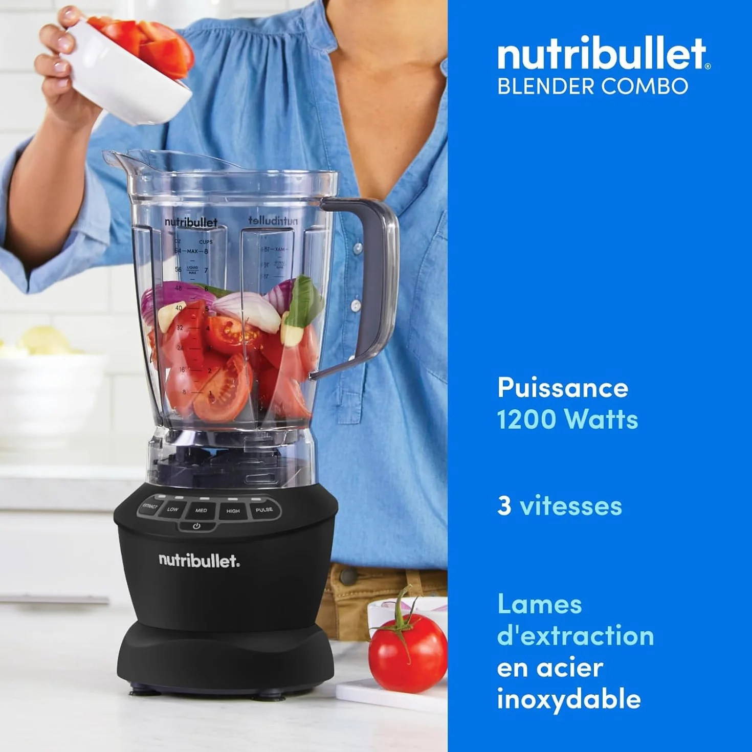 Nutribullet Full Size Blender Combo, mixeur électrique, broyeur multifonctionnel, professionnel, puissance 1200 Watt, carafe 1,9l, verres 946ml et 710ml, noir, NBF500MB