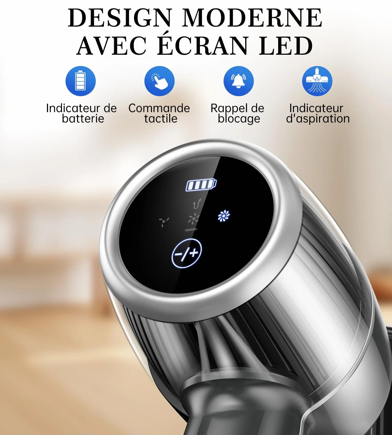 Aspirateur Balai sans Fil Puissant Électrique Silencieux Autonomie Rechargeable Batterie Cyclonique Brosse LED pour Poils d’Animaux Tapis Sols Durs