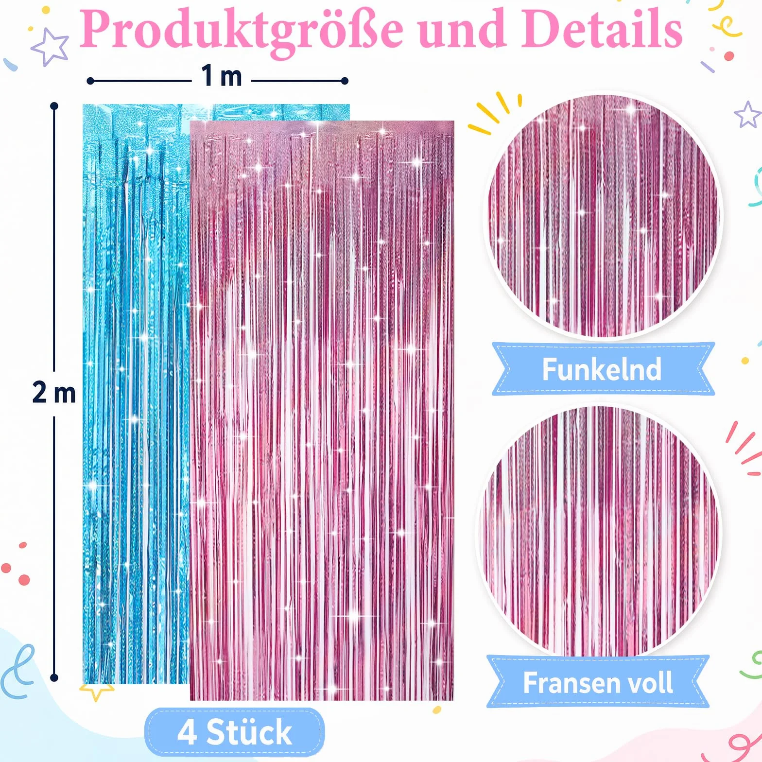 Rideaux de fête à paillettes rose et bleu serpentins métalliques 1 m x 2 m lot de 4