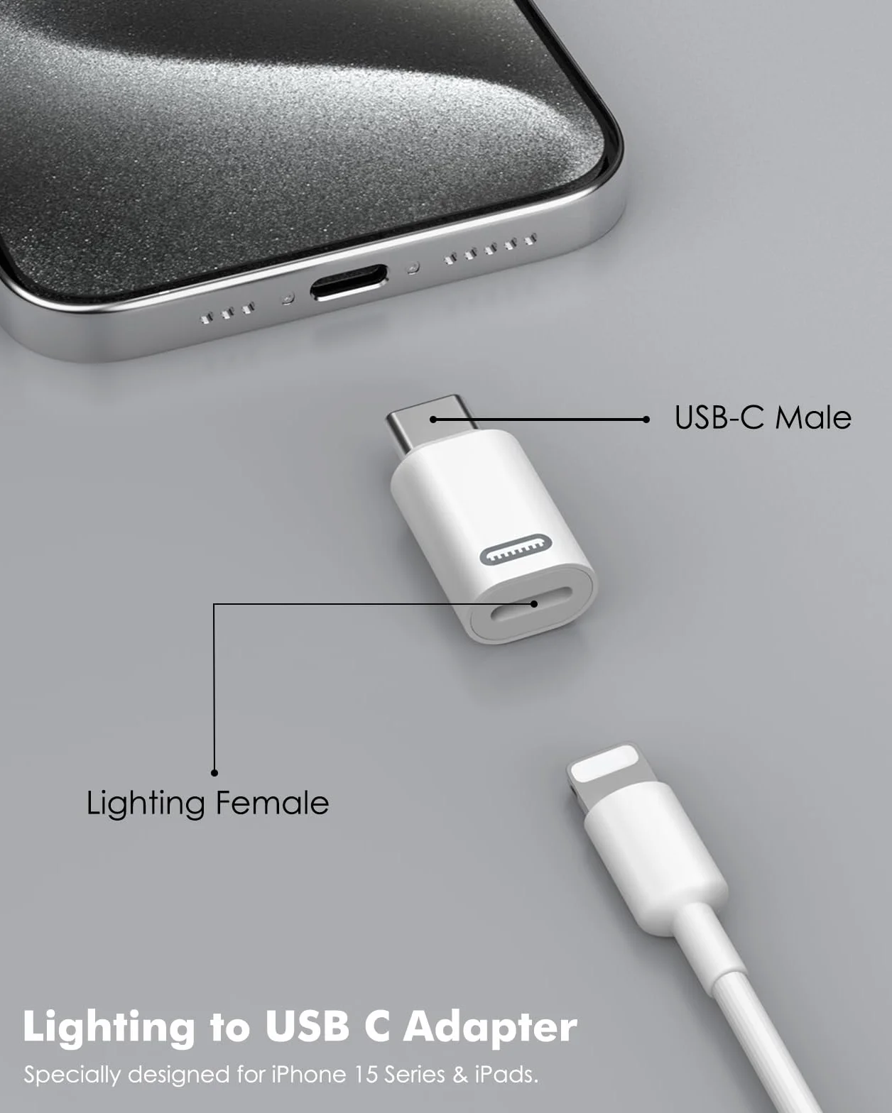 MoKo Adaptateur Lightning Femelle vers USB C 2 Pièces pour iPhone 17 Air 16 15 Pro Max Plus iPad Pro Air Blanc PD