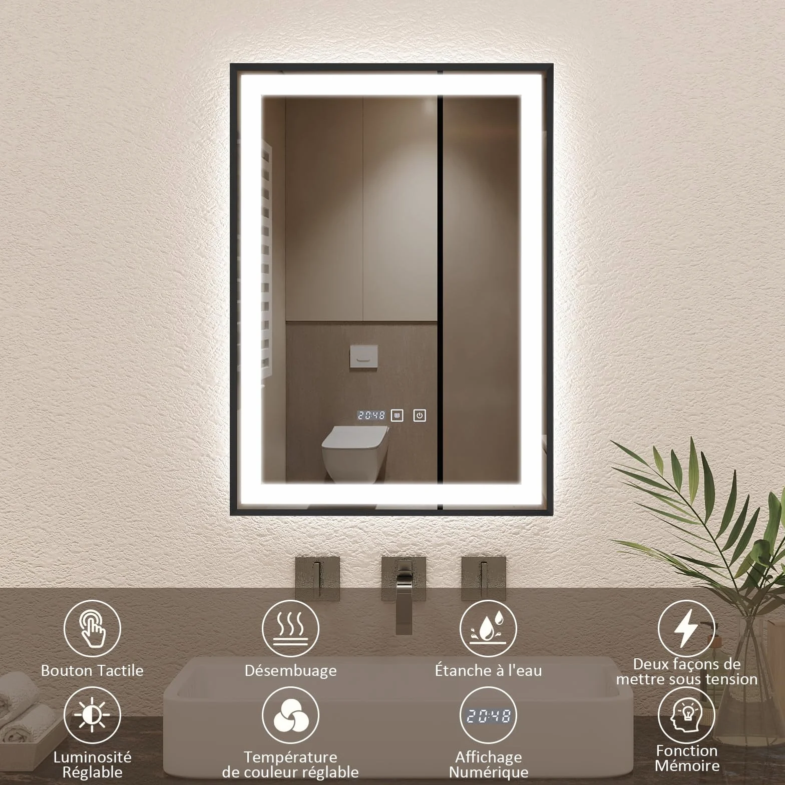 YOURLITE Miroir de Salle de Bain avec Éclairage LED 50x70cm, Fonction Antibuée Étanche Ip44 Lumière Chaude,Naturelle et Froide,Luminosité Réglables, avec Affichage Heure et Température