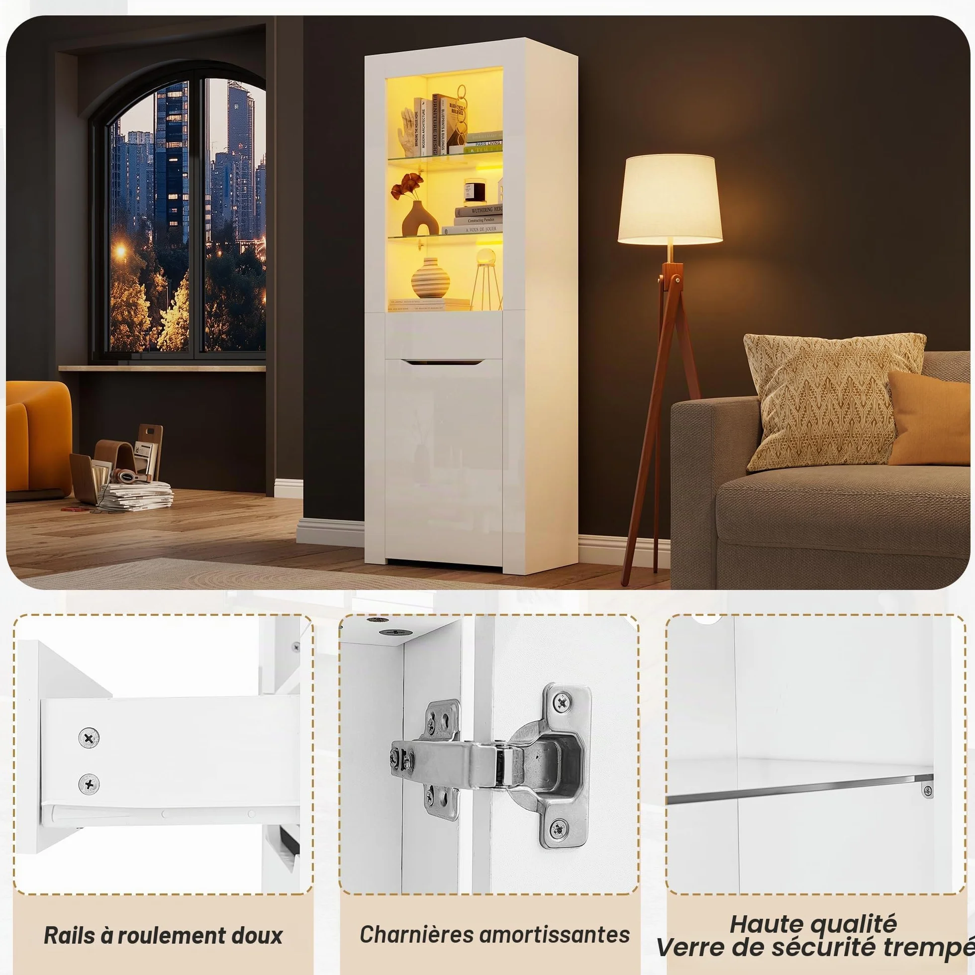 Merax Vitrine LED - Armoire 1 porte 1 tiroir - Vitrage spacieux - Meuble moderne - Salon/Bureau/Salle à manger - Blanc