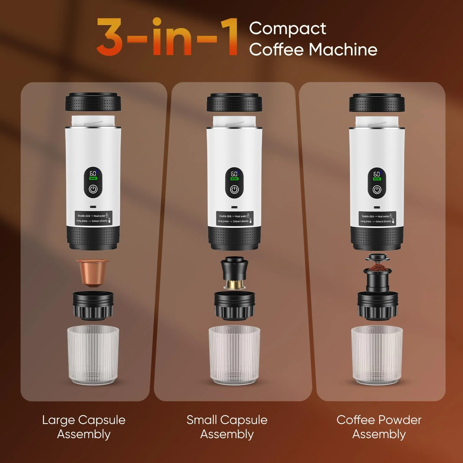 Machine à espresso portable 3 en 1, cafetière à batterie 20bars, mini machine à café nomade avec USB, écran LED, compatible café moulu et capsules (Sans boîte de rangement - Blanc)