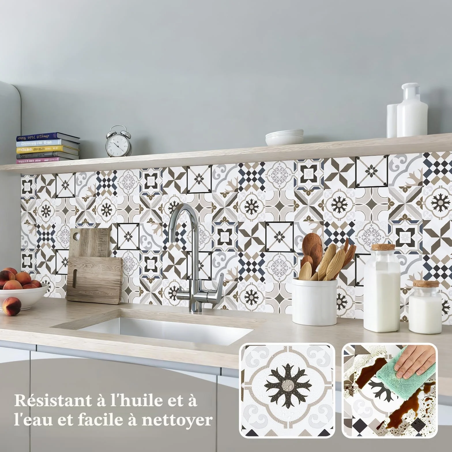 Abyssaly Carrelage Adhésif Mural Salle de Bain, Stickers Muraux PVC 15x15 cm, 24 Pièces, Bleu et Marron
