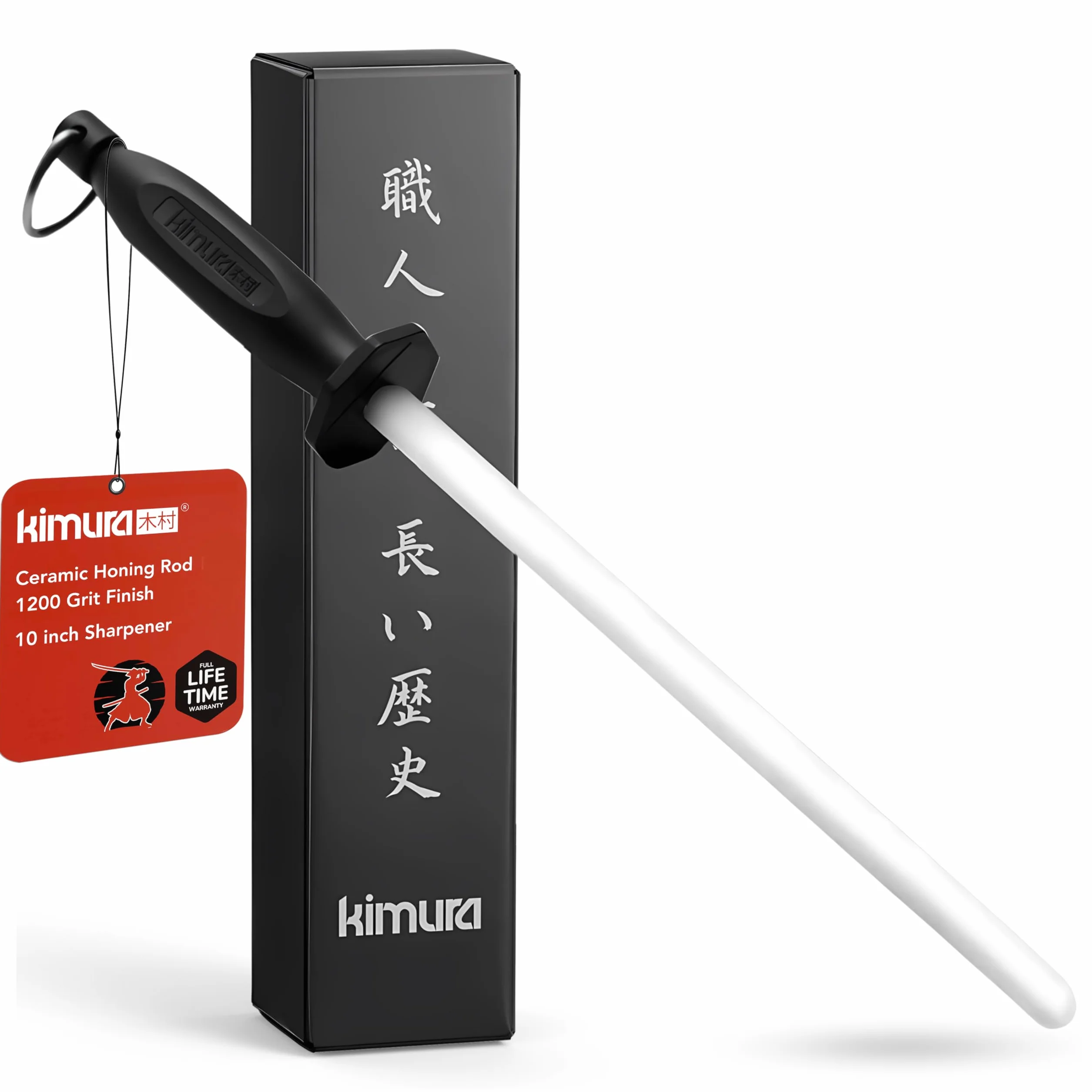 Kimura Tige d'affûtage professionnelle en céramique, acier 25,4 cm, aiguiseur de couteaux, finition grain 1200, poignée ergonomique polypropylène