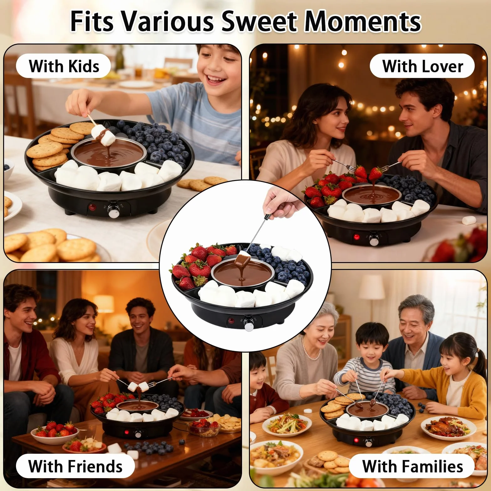 Set à Fondue au Chocolat Électrique, Pot à Chocolat 280 ml avec 2 Niveaux de Température, Casserole en Aluminium Amovible, Plateau de Service et 4 Fourchettes, Idéal pour Soirées Romantiques