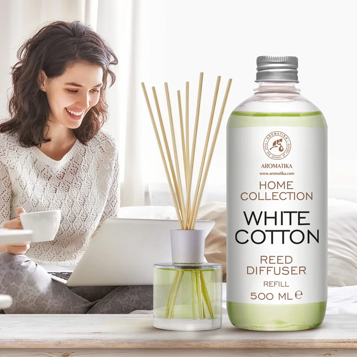 Diffuseur de Parfum Coton Blanc 500ml - Bâtonnets de Parfum - Diffuseur à Roseaux
