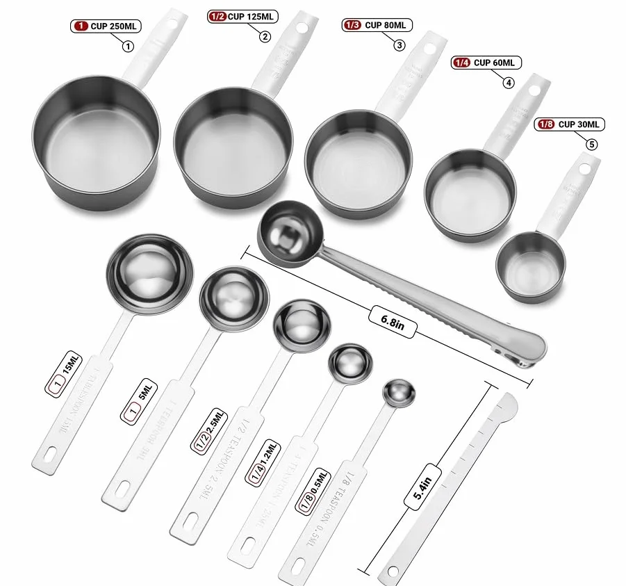 Cuillères doseuses en acier inoxydable lot de 12 avec pinces tasses de mesure grammes