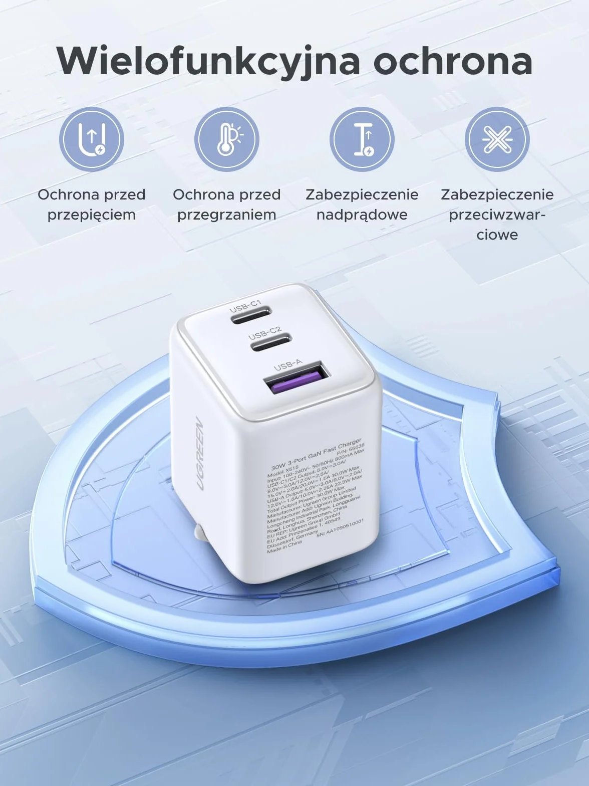 UGREEN ładowarka USB C 30W 3-portowy adapter iPhone GaN II zasilacz PD szybkiej ładowania kompatybilny z iPhone 17 Pro Max, 16, 15, 14, 13, iPad, Galaxy S25, S24 Pixel 9 (Biały)